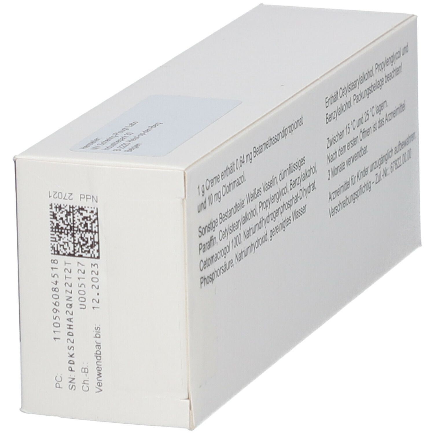 Rückseite der Lotriderm Creme-Verpackung. Weiße Schachtel mit Text. Aufschrift: Inhaltsstoffe, Verwendbar bis 12.2023.