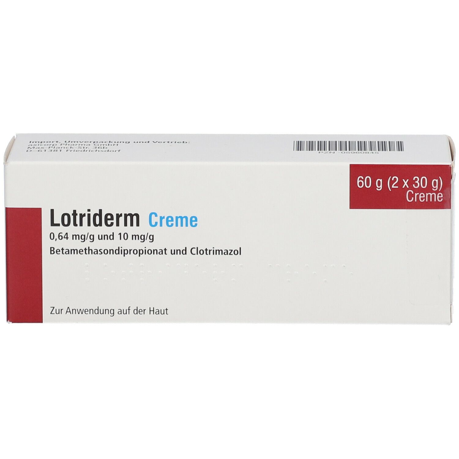 Lotriderm Creme-Verpackung. Weiße Schachtel mit rotem Akzent. Aufschrift: 60 g (2 x 30 g) Creme, Lotriderm Creme.