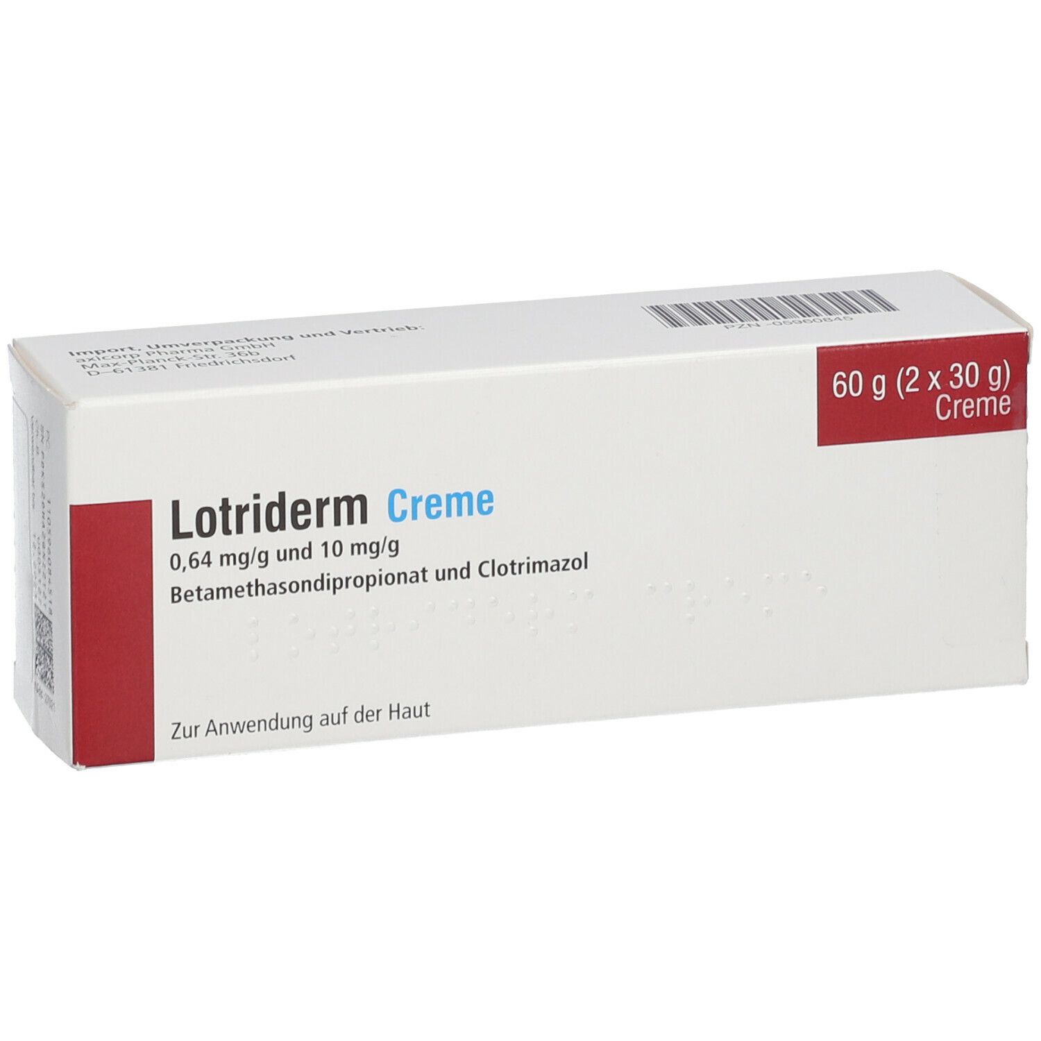 Lotriderm Creme-Verpackung. Weiße Schachtel mit rotem Akzent. Aufschrift: 60 g (2 x 30 g) Creme, Lotriderm Creme.