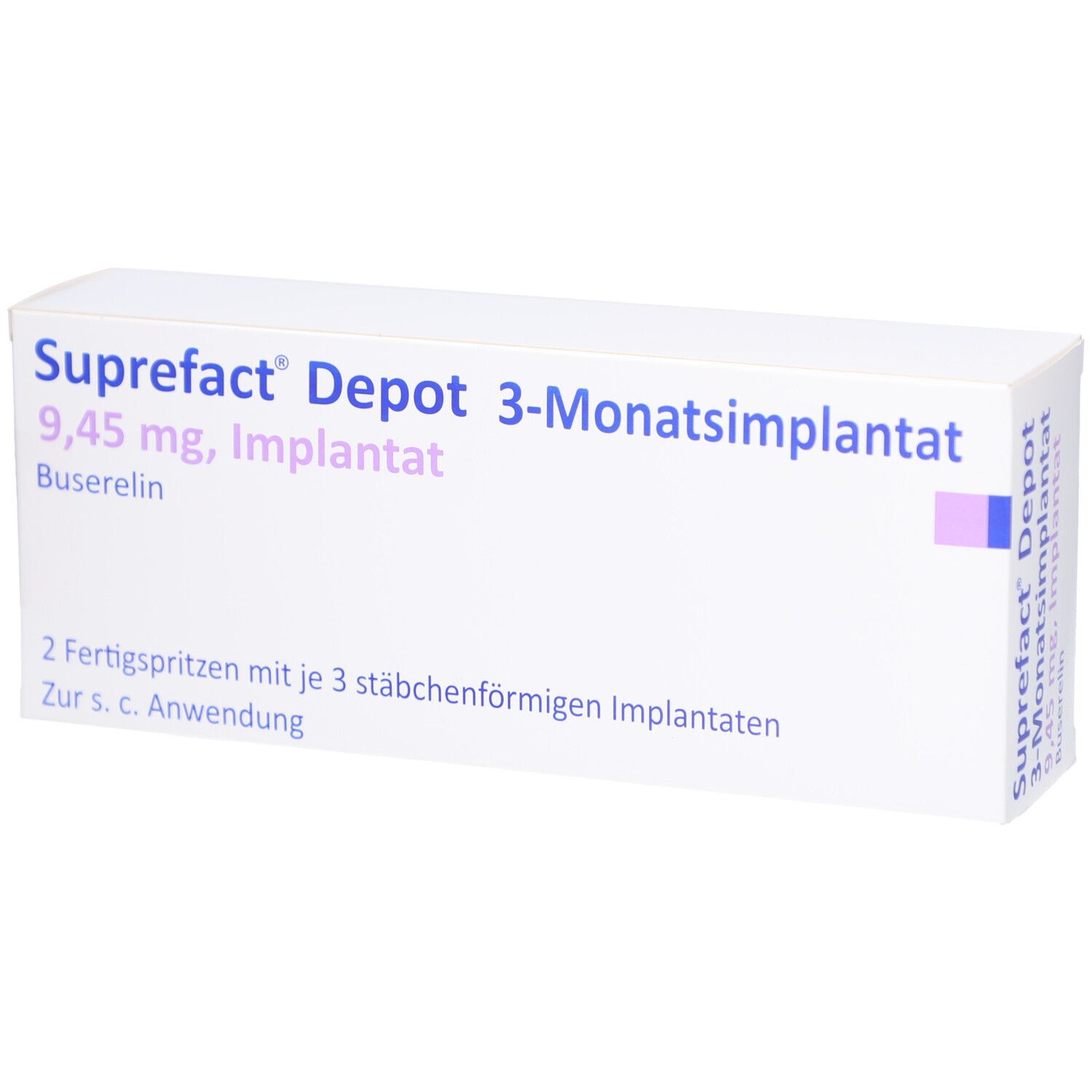 Weiße Schachtel. Aufschrift: Suprefact Depot 3-Monatsimplantat, 9,45 mg, Implantat, Buselerin. Enthält 2 Fertigspritzen.