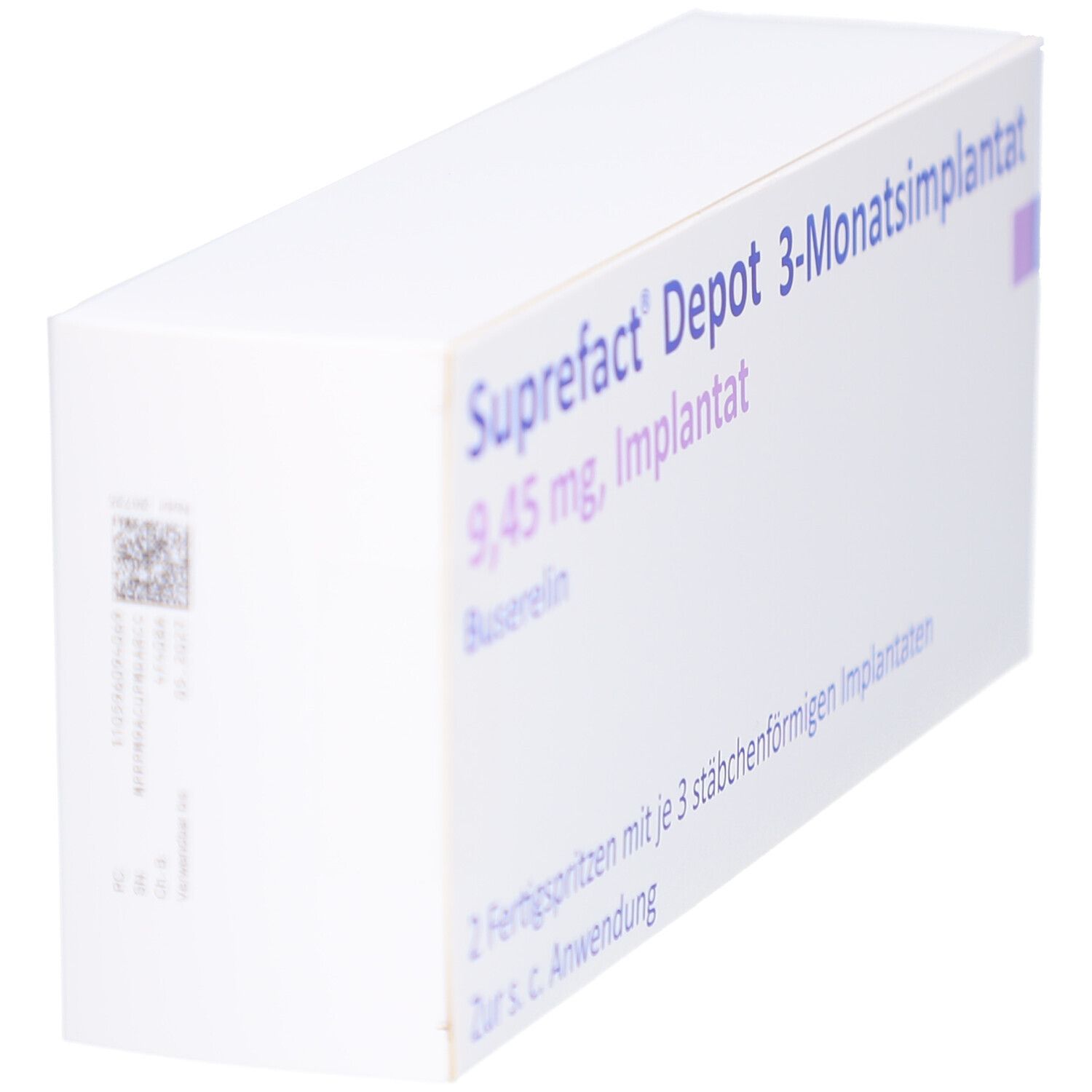 Weiße Schachtel, schräg. Aufschrift: Suprefact Depot 3-Monatsimplantat, 9,45 mg, Implantat, Buselerin. Mit Barcode und QR-Code.