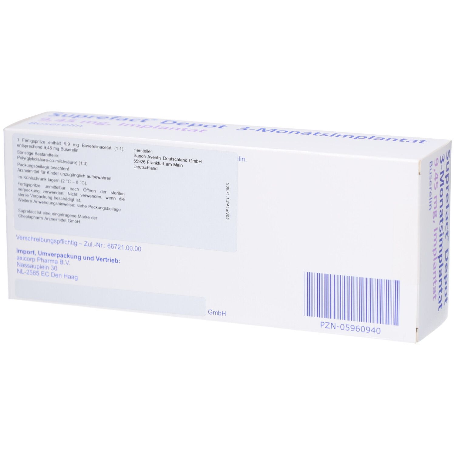 Weiße Schachtel, Rückseite. Beschriftung mit Produktinformationen und Barcode. Herstellerinformationen.