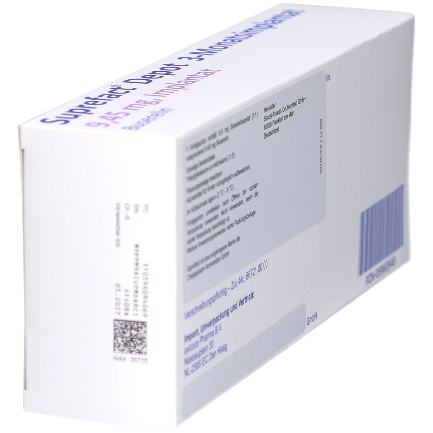 Weiße Schachtel, schräg, Rückseite. Beschriftung mit Produktinformationen und Barcode. Herstellerinformationen.