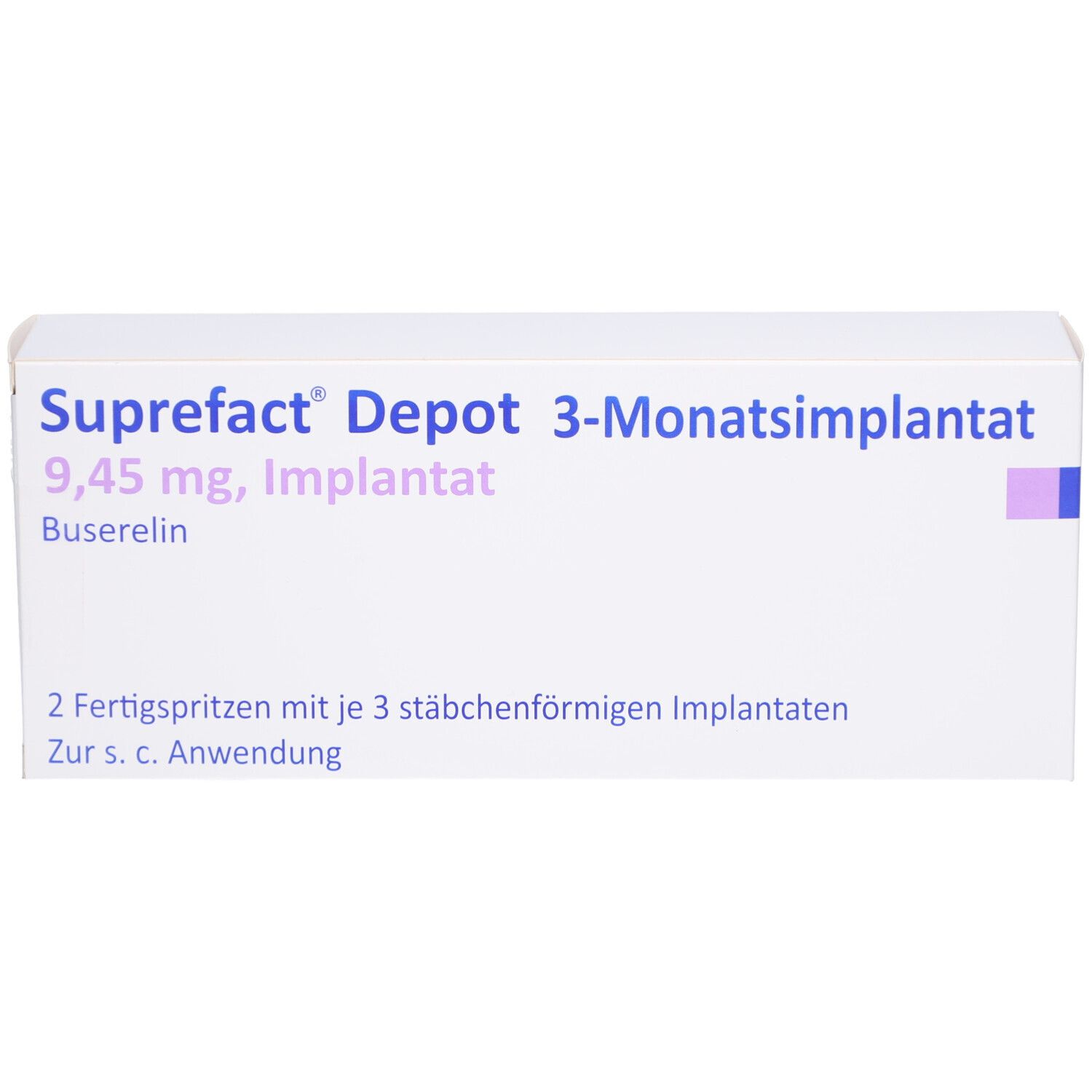 Weiße Schachtel. Aufschrift: Suprefact Depot 3-Monatsimplantat, 9,45 mg, Implantat, Buselerin. Enthält 2 Fertigspritzen.