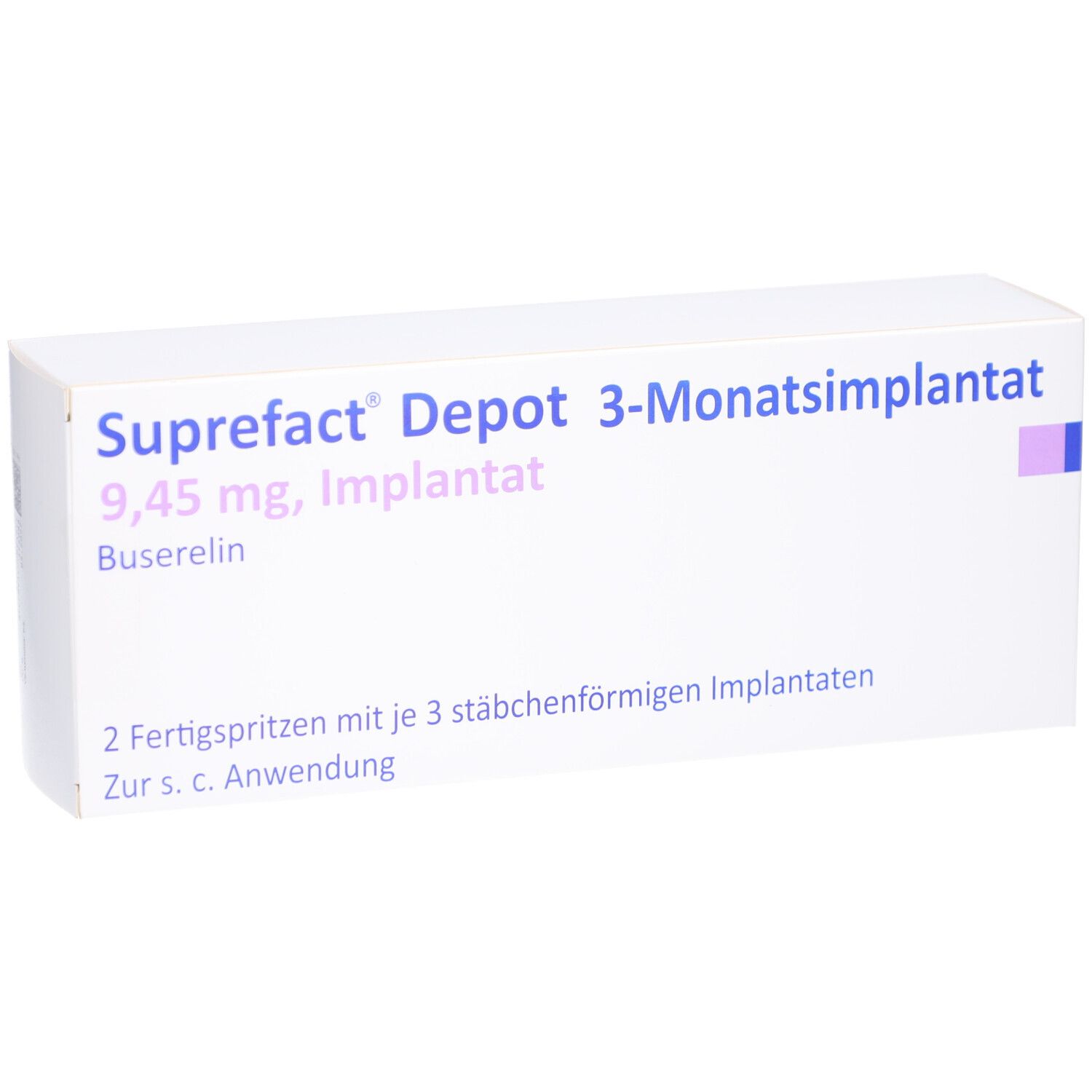 Weiße Schachtel. Aufschrift: Suprefact Depot 3-Monatsimplantat, 9,45 mg, Implantat, Buselerin. Enthält 2 Fertigspritzen.