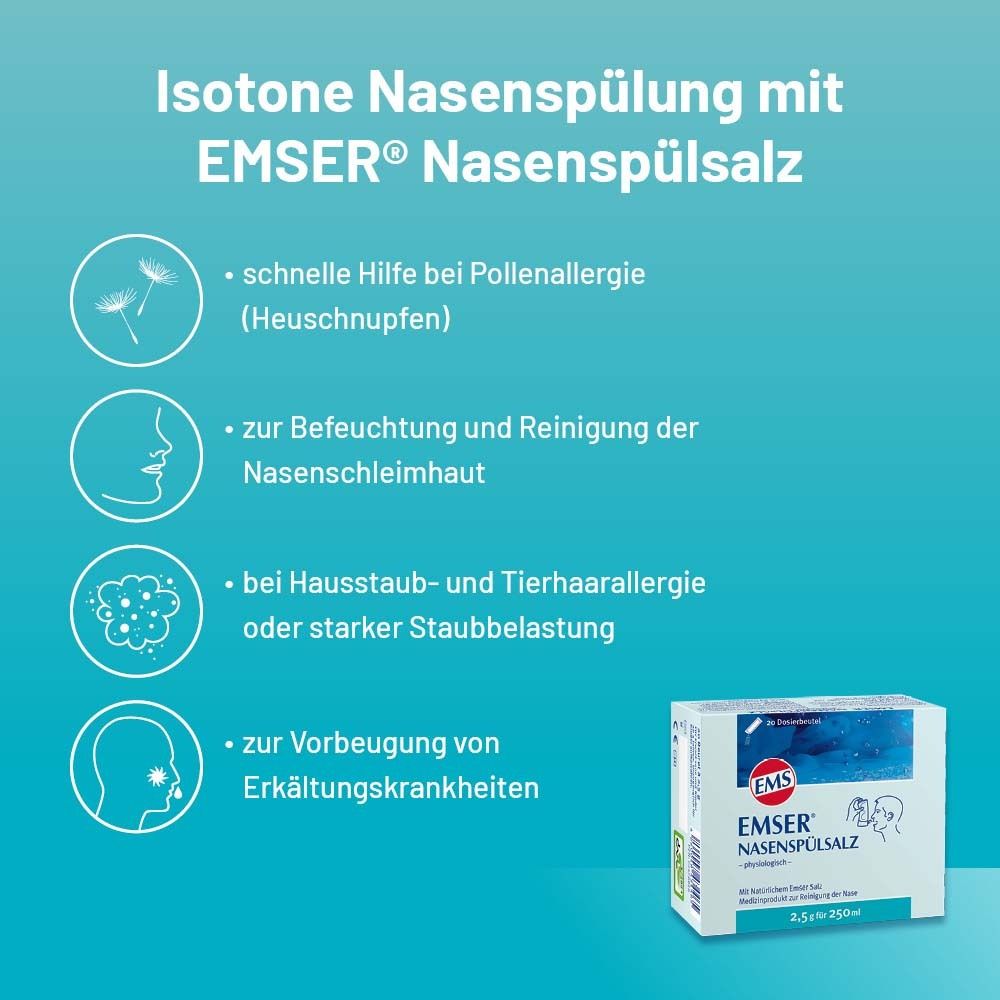 Infografik: Isotone Nasenspülung mit EMSER Nasenspülsalz. Text: schnelle Hilfe bei Pollenallergie, Befeuchtung, Stauballergie, Erkältung.