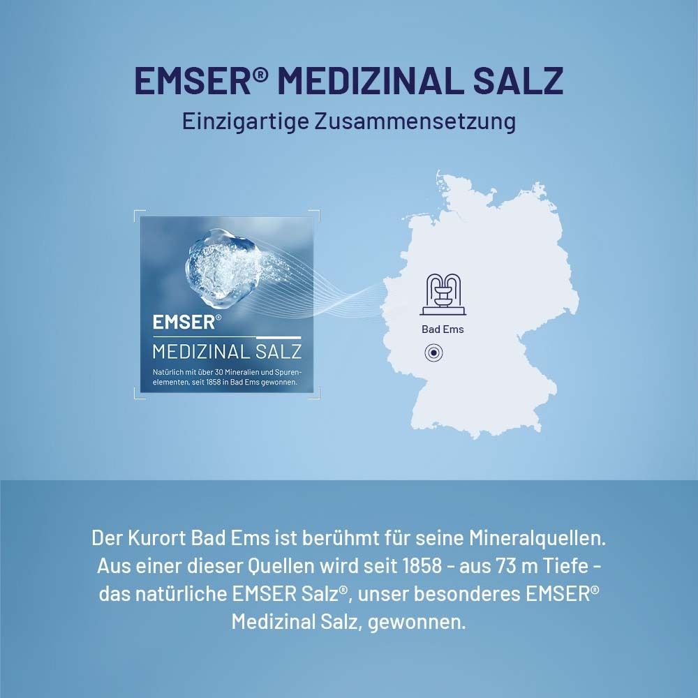 Infografik: EMSER Medizinal Salz. Text: Einzigartige Zusammensetzung, Bad Ems, Mineralquellen, natürliches EMSER Salz.
