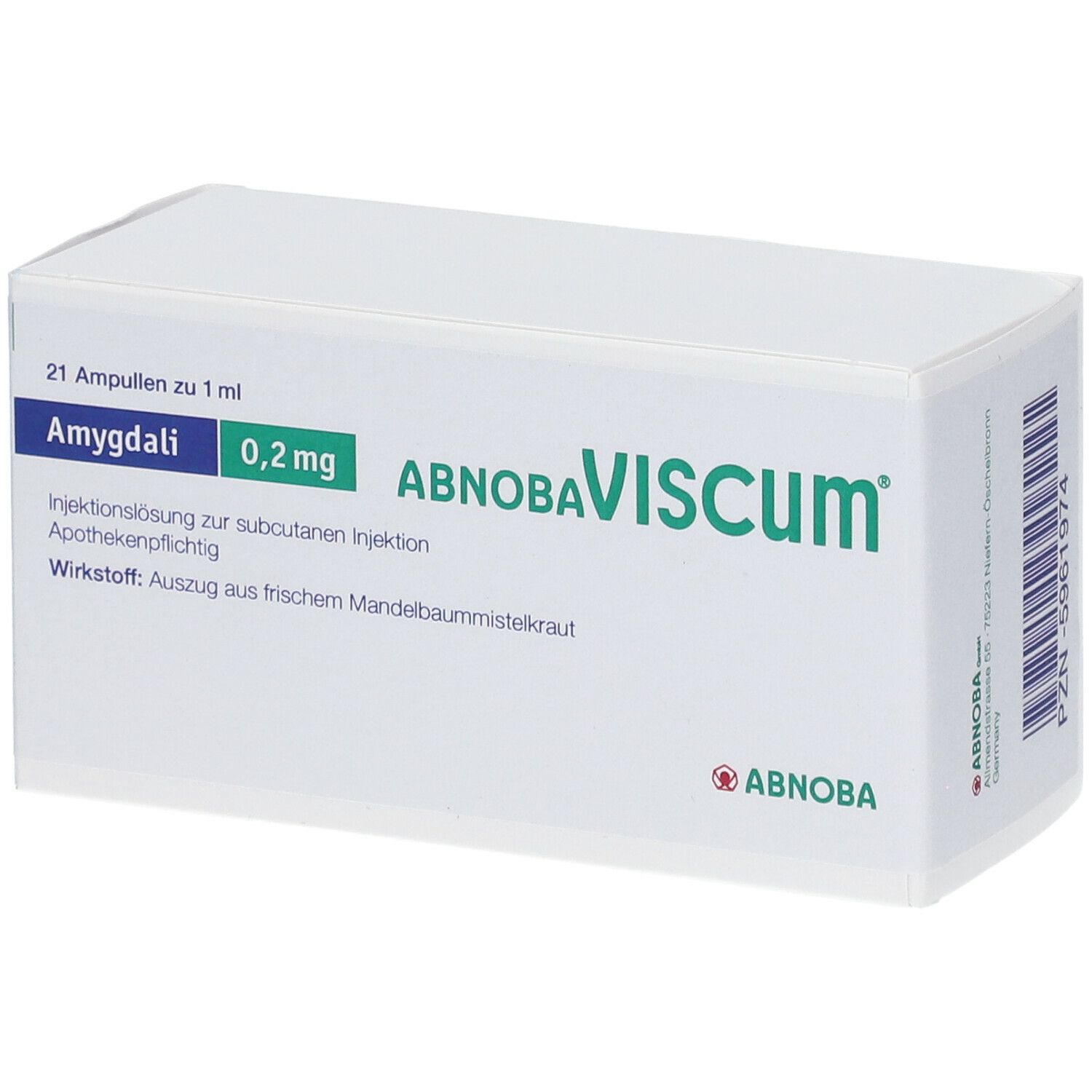 Schachtel mit 21 Ampullen abnobaVISCUM® Amygdali 0,2 mg. Aufschrift: Injektionslösung, Apothekenpflichtig.