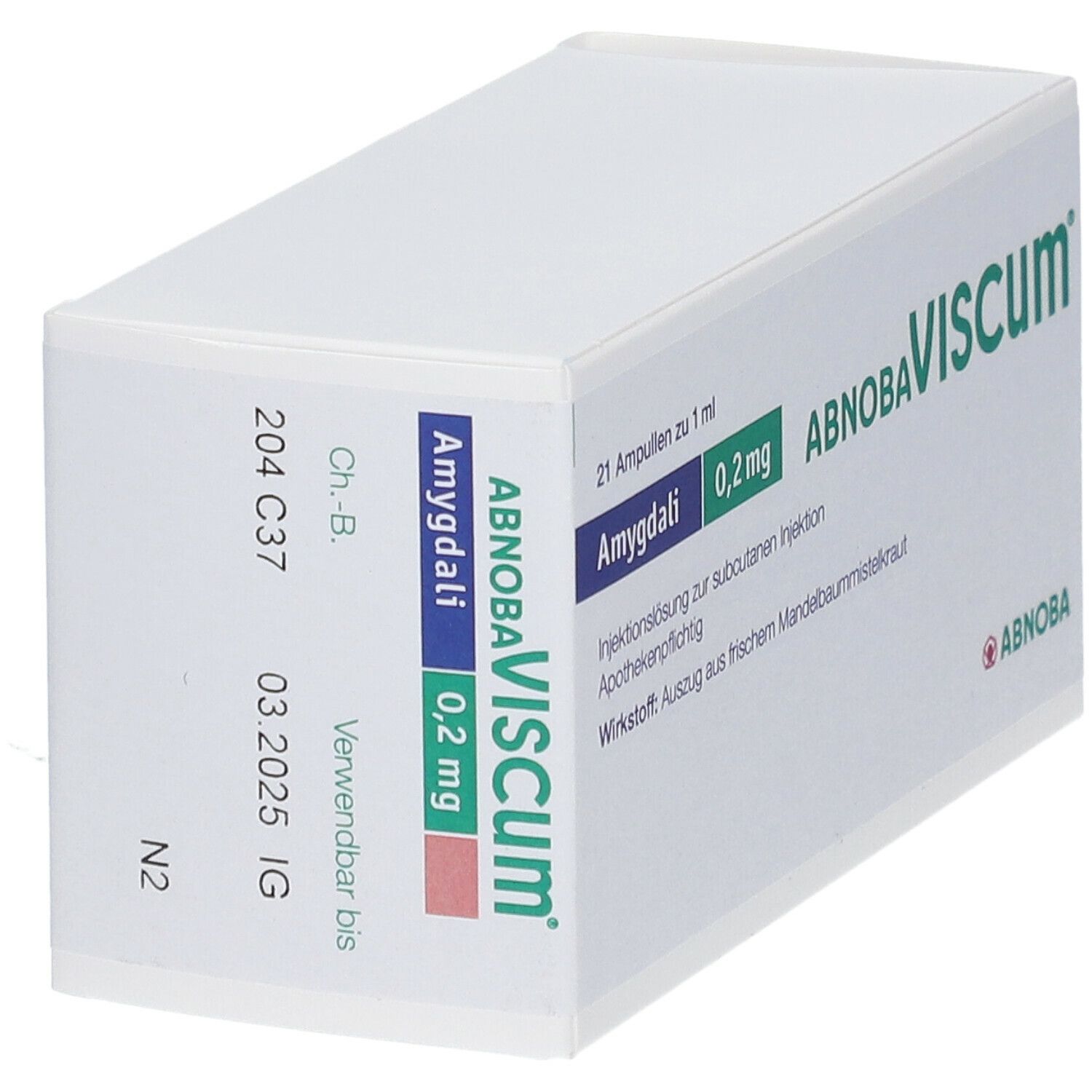Schachtel abnobaVISCUM® Amygdali 0,2 mg. Aufdruck: Chargenbezeichnung, Verwendbar bis 03.2025, N2.