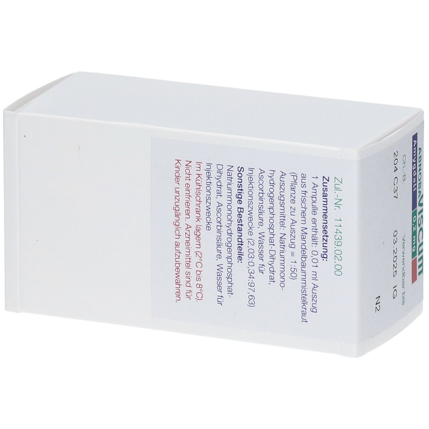Rückseite der Schachtel abnobaVISCUM® Amygdali 0,2 mg. Auflistung der Inhaltsstoffe und Hinweise.
