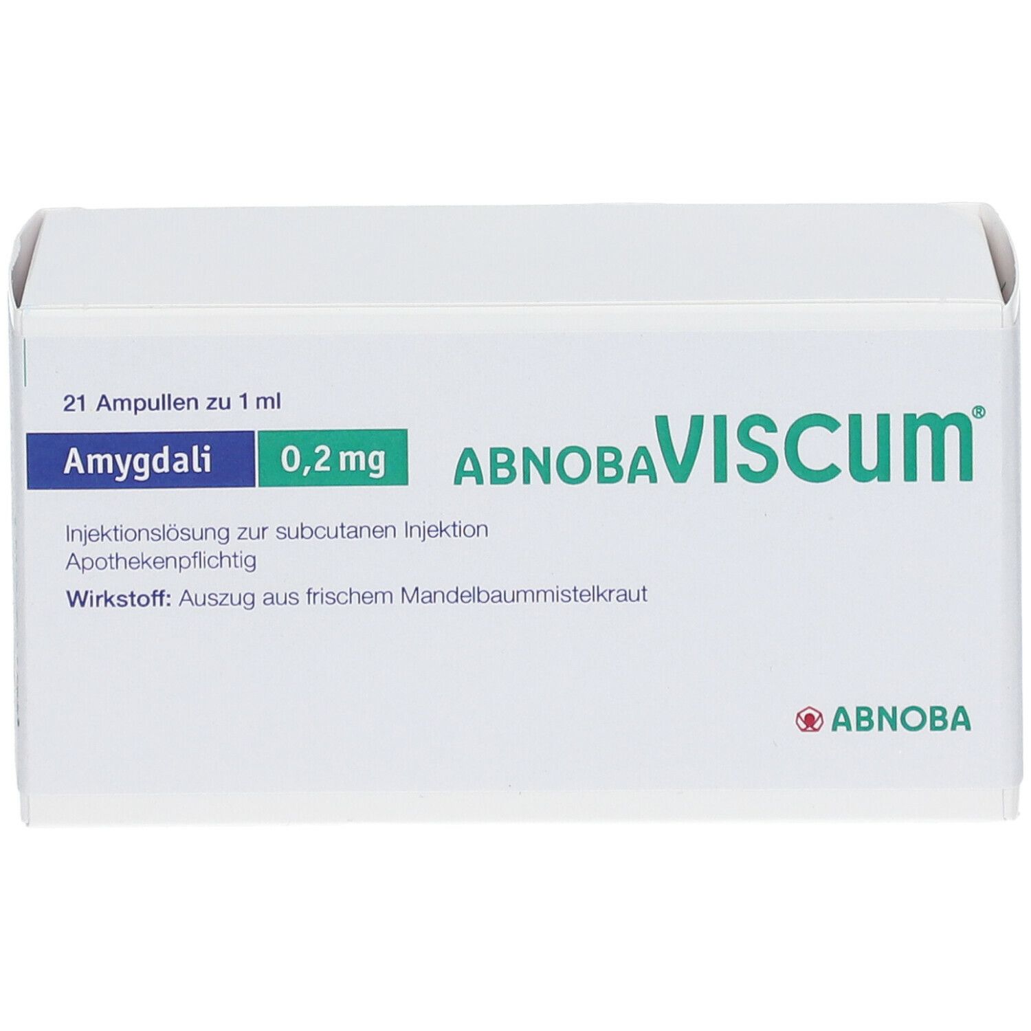 Schachtel mit 21 Ampullen abnobaVISCUM® Amygdali 0,2 mg. Aufschrift: Injektionslösung, Apothekenpflichtig.