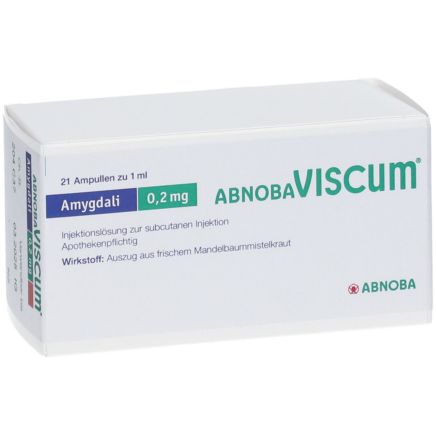 Schachtel mit 21 Ampullen abnobaVISCUM® Amygdali 0,2 mg. Aufschrift: Injektionslösung, Apothekenpflichtig.