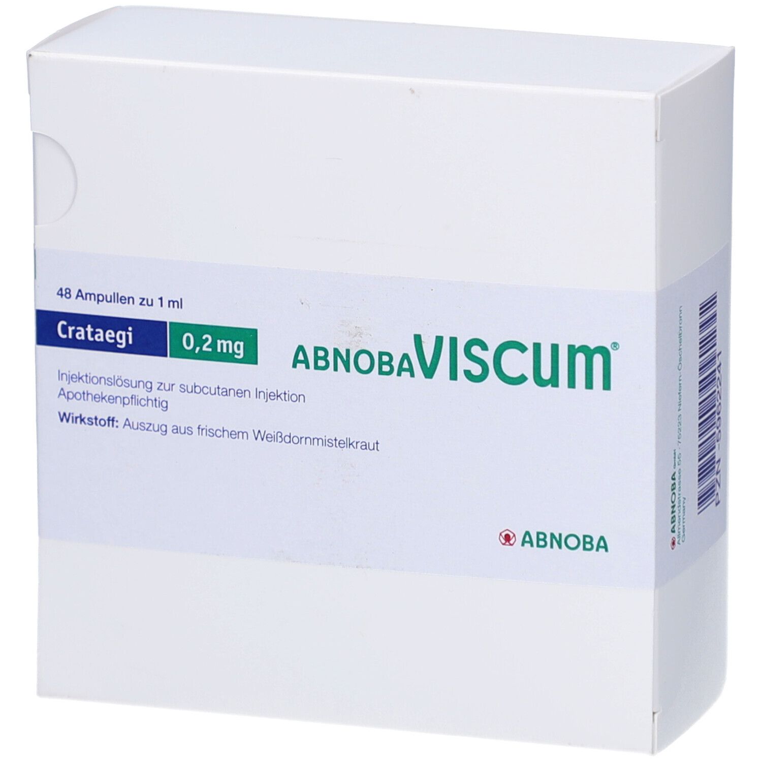 Weiße Faltschachtel mit Produktinformationen. Aufschrift: Crataegi 0,2 mg, ABNOBAVISCUM. Enthält 48 Ampullen zu 1 ml.