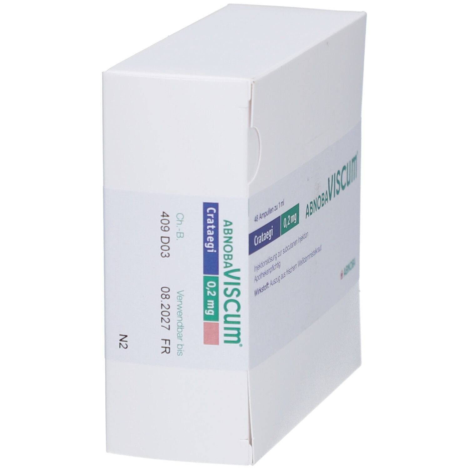 Weiße Faltschachtel, schräg. Aufschrift: Crataegi 0,2 mg, ABNOBAVISCUM. Verwendbar bis 08.2027 FR. N2.