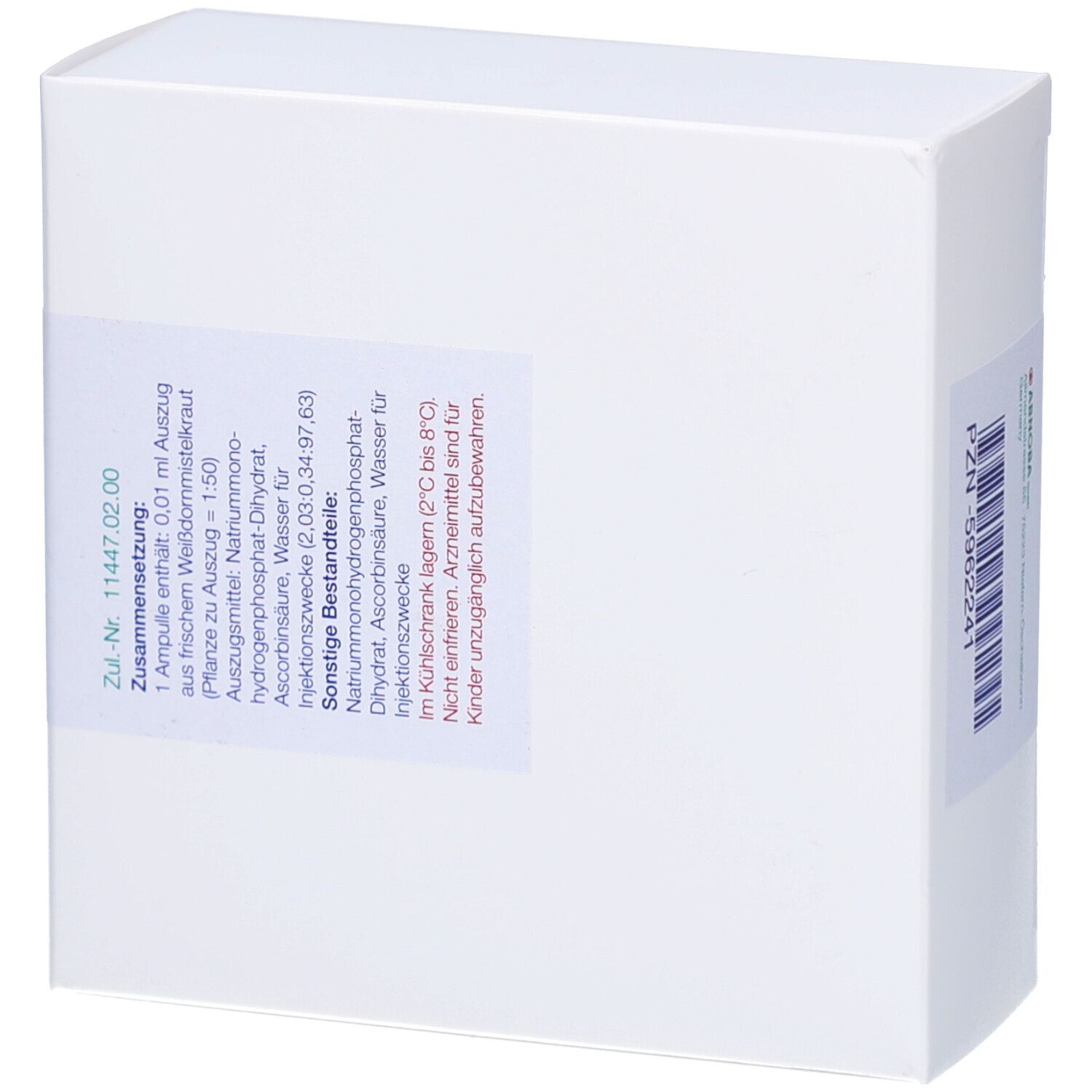 Rückseite der weißen Faltschachtel. Enthält Informationen zu Inhaltsstoffen und weiteren Bestandteilen. Text in deutscher Sprache.