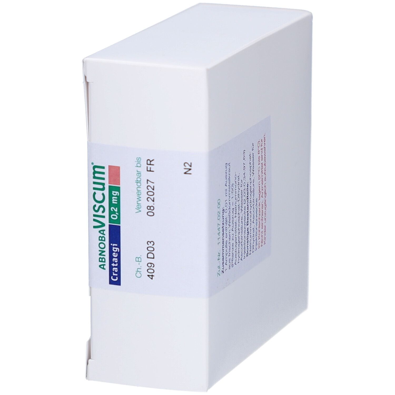 Schräg gestellte weiße Faltschachtel. Aufschrift: Crataegi 0,2 mg, ABNOBAVISCUM. Verwendbar bis 08.2027 FR.
