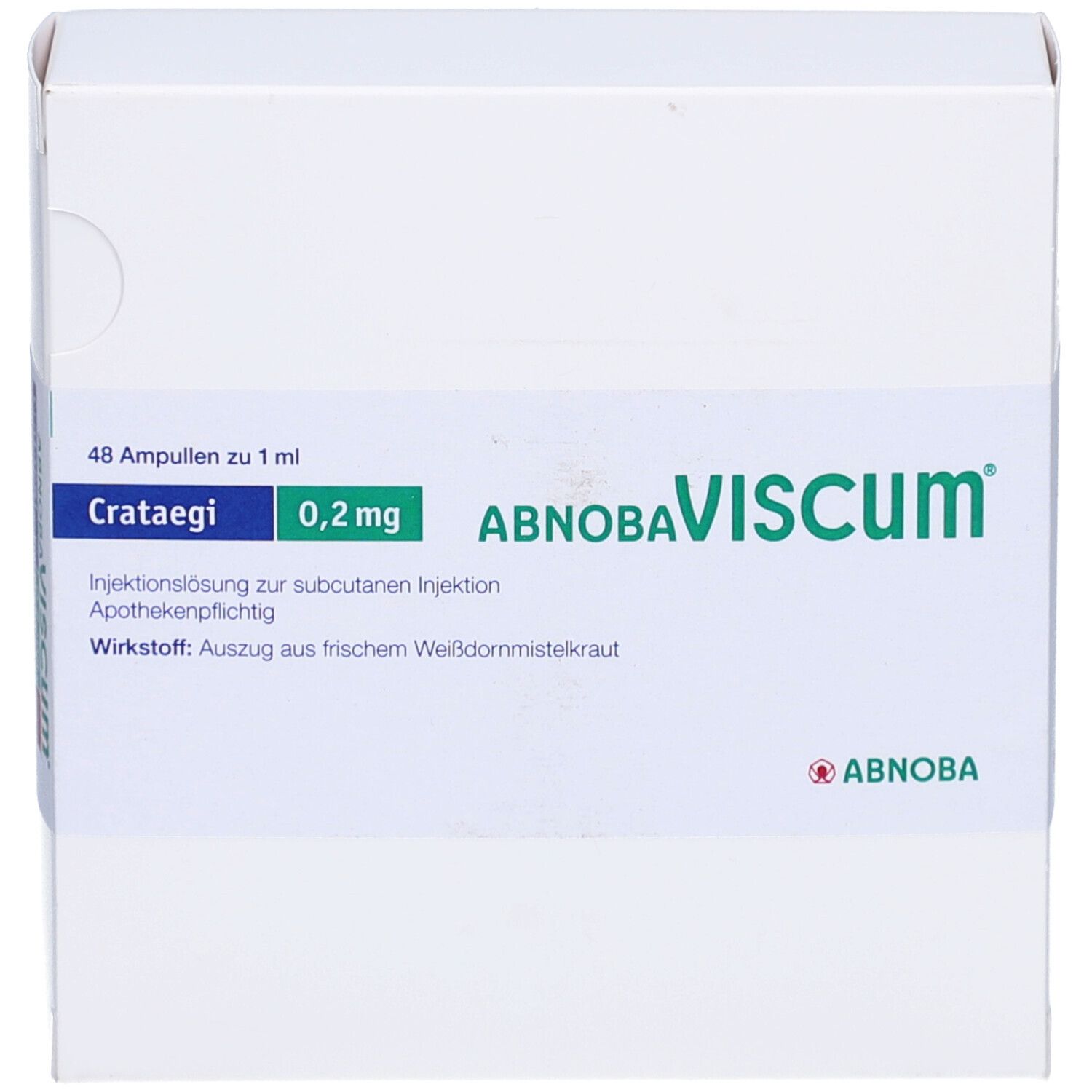 Weiße Faltschachtel mit Produktinformationen. Aufschrift: Crataegi 0,2 mg, ABNOBAVISCUM. Enthält 48 Ampullen zu 1 ml.