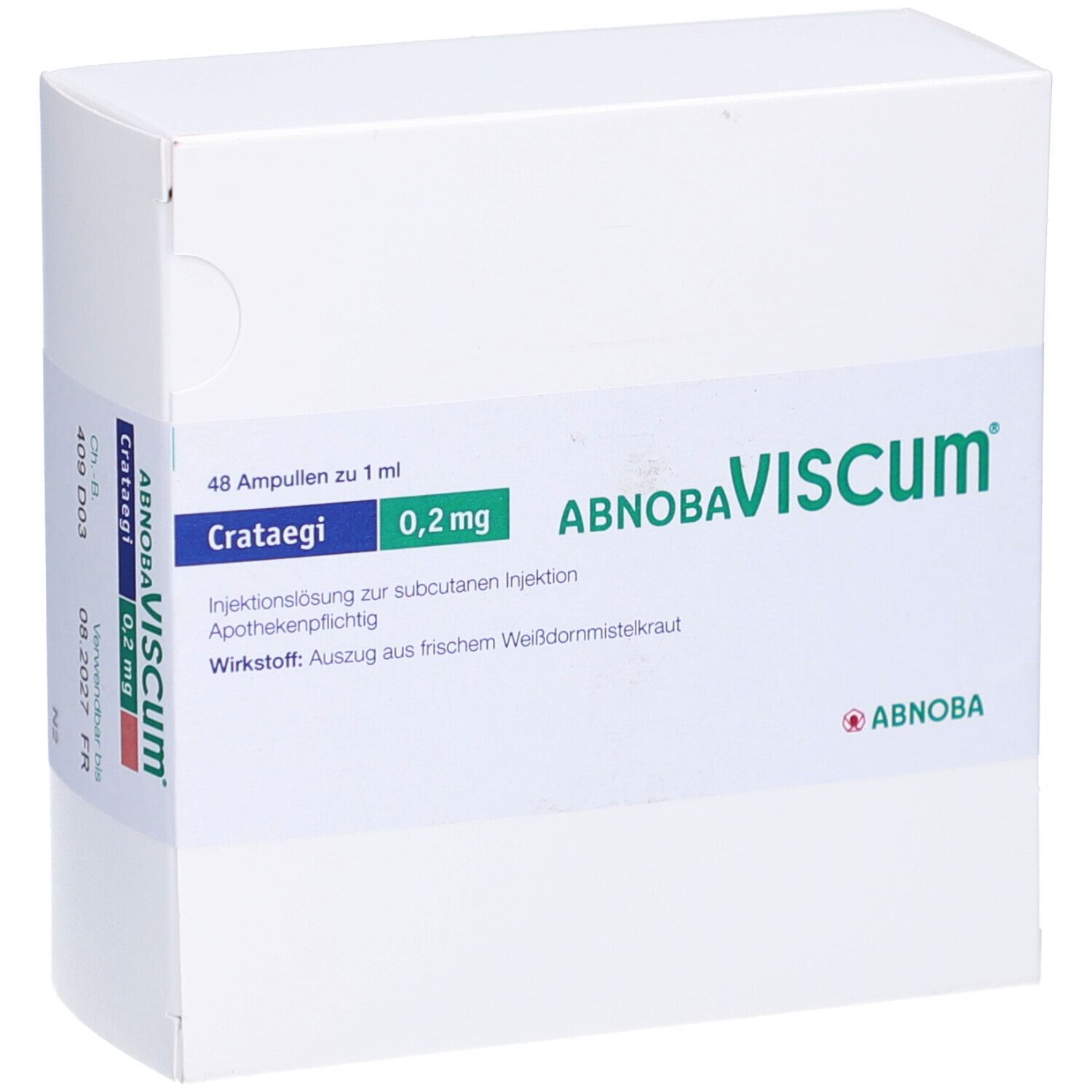 Weiße Faltschachtel mit Produktinformationen. Aufschrift: Crataegi 0,2 mg, ABNOBAVISCUM. Enthält 48 Ampullen zu 1 ml.