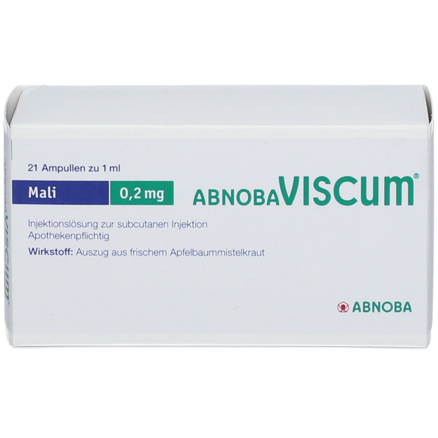 Weiße Schachtel mit "ABNOBAVISCUM"-Schriftzug. Enthält 21 Ampullen. Aufschrift: Mali 0,2 mg. Text: Injektionslösung.