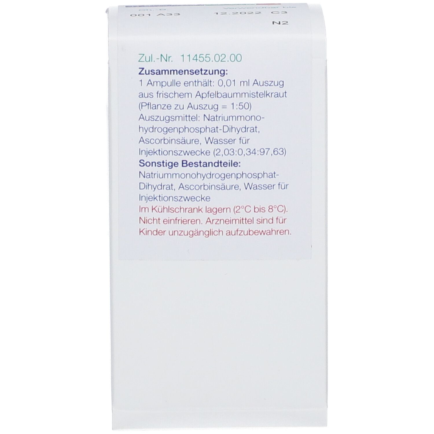 Weiße Schachtel, Rückseite. Text: Zusammensetzung, Inhaltsstoffe, Lagerungshinweise, Zul.-Nr. 11455.02.00.