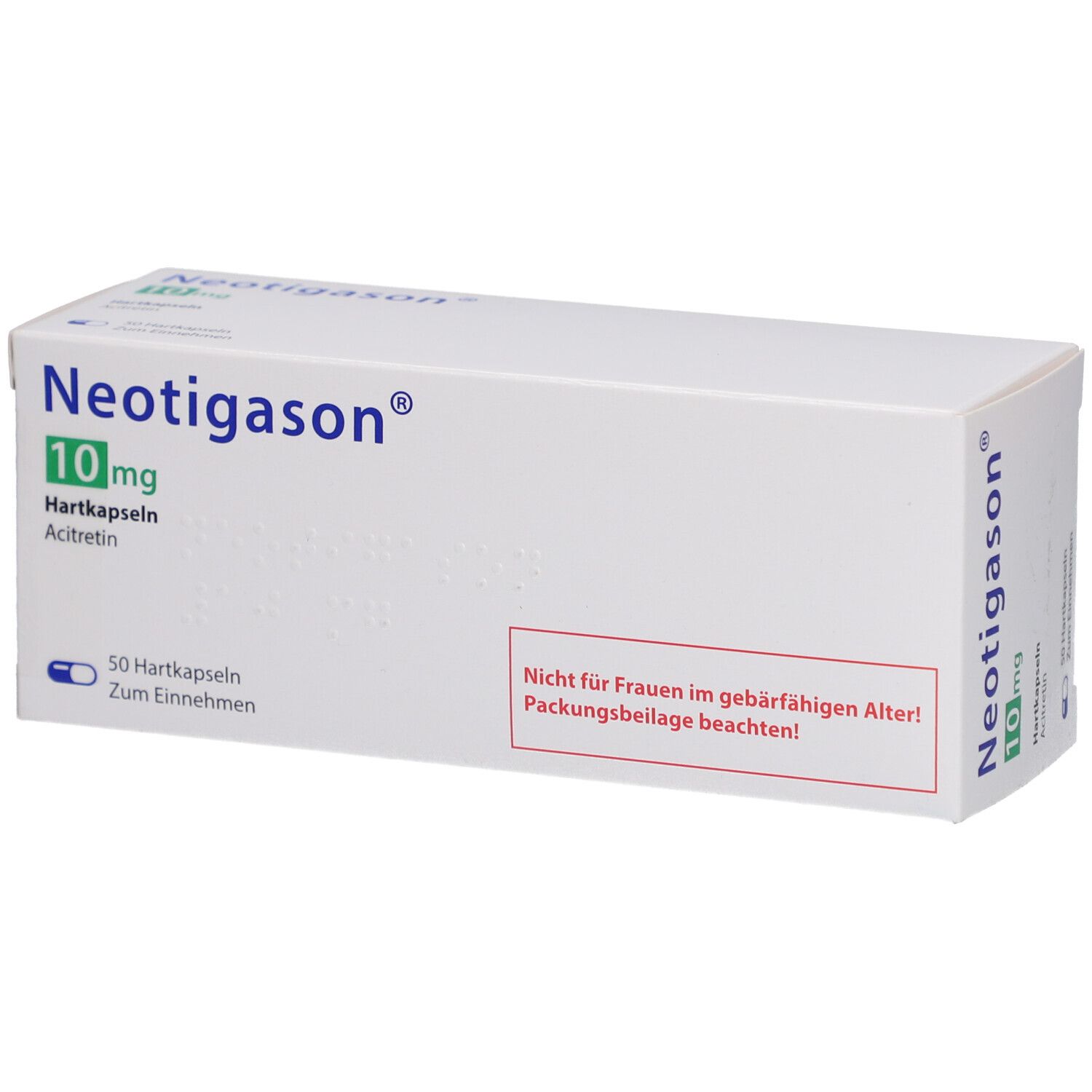 Weiße Schachtel mit Aufschrift Neotigason 10mg Hartkapseln. Enthält 50 Kapseln. Warnhinweis für Frauen im gebärfähigen Alter.