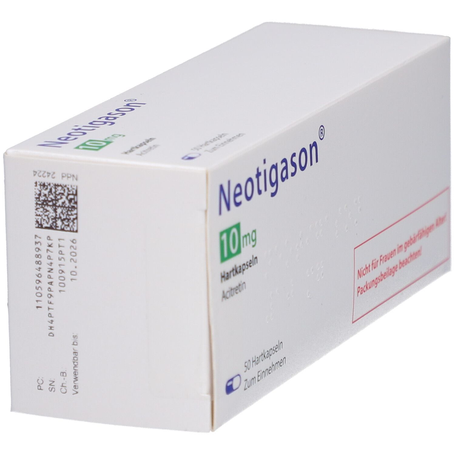Weiße Schachtel mit Neotigason 10mg Hartkapseln. Aufdruck mit Chargennummer und Verfallsdatum. Warnhinweis für Frauen im gebärfähigen Alter.