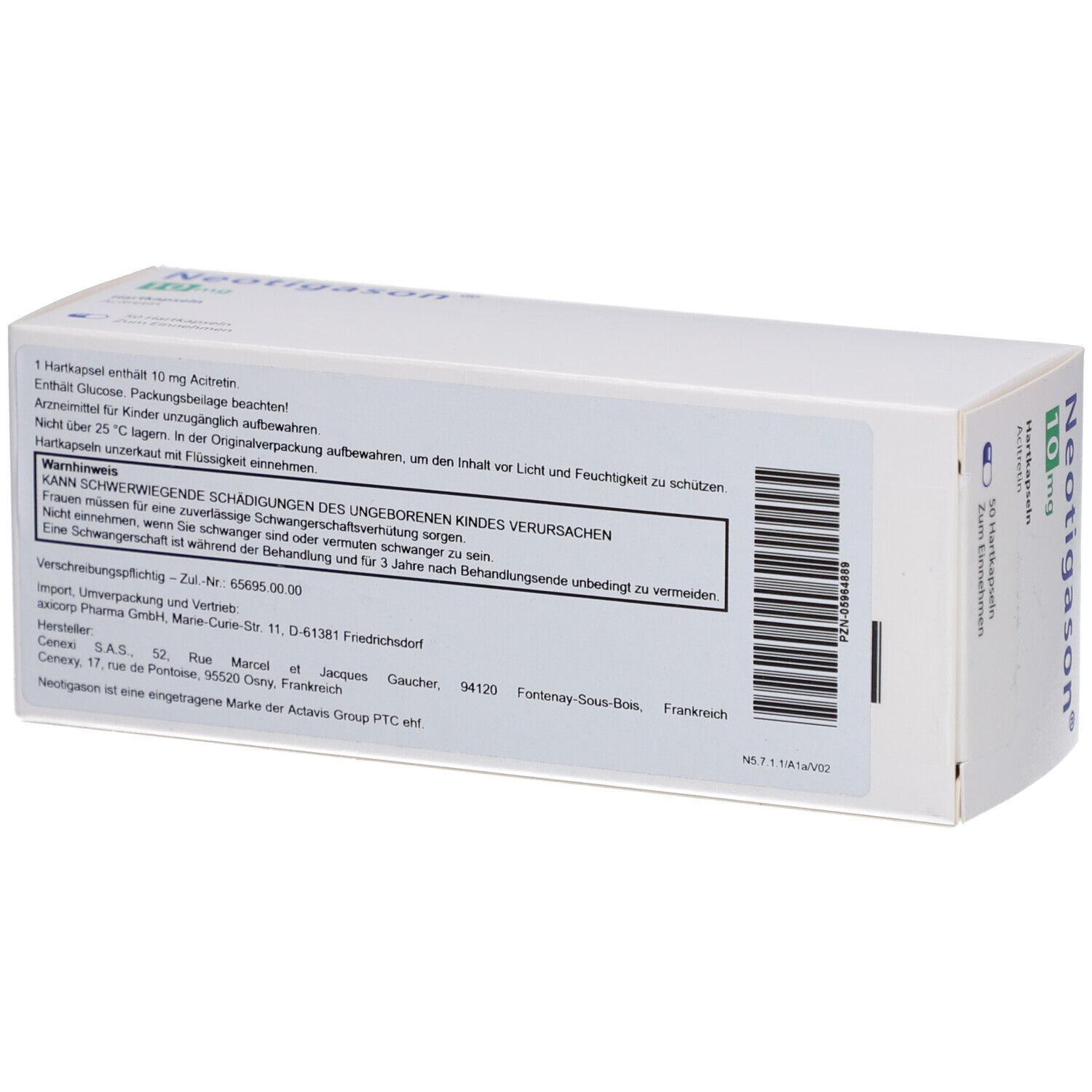 Rückseite der weißen Schachtel mit Informationen zu Neotigason 10mg Hartkapseln. Text in deutscher Sprache. Barcode.
