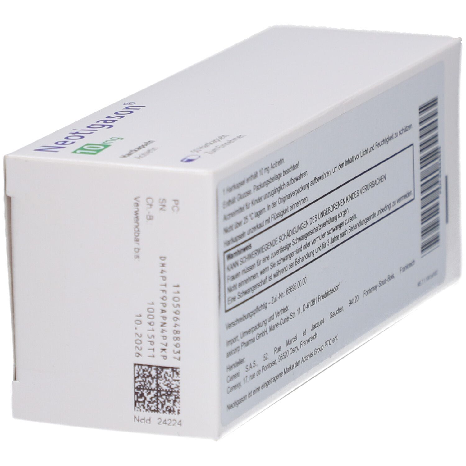 Rückseite der weißen Schachtel mit Informationen zu Neotigason 10mg Hartkapseln. Text in deutscher Sprache. Barcode.