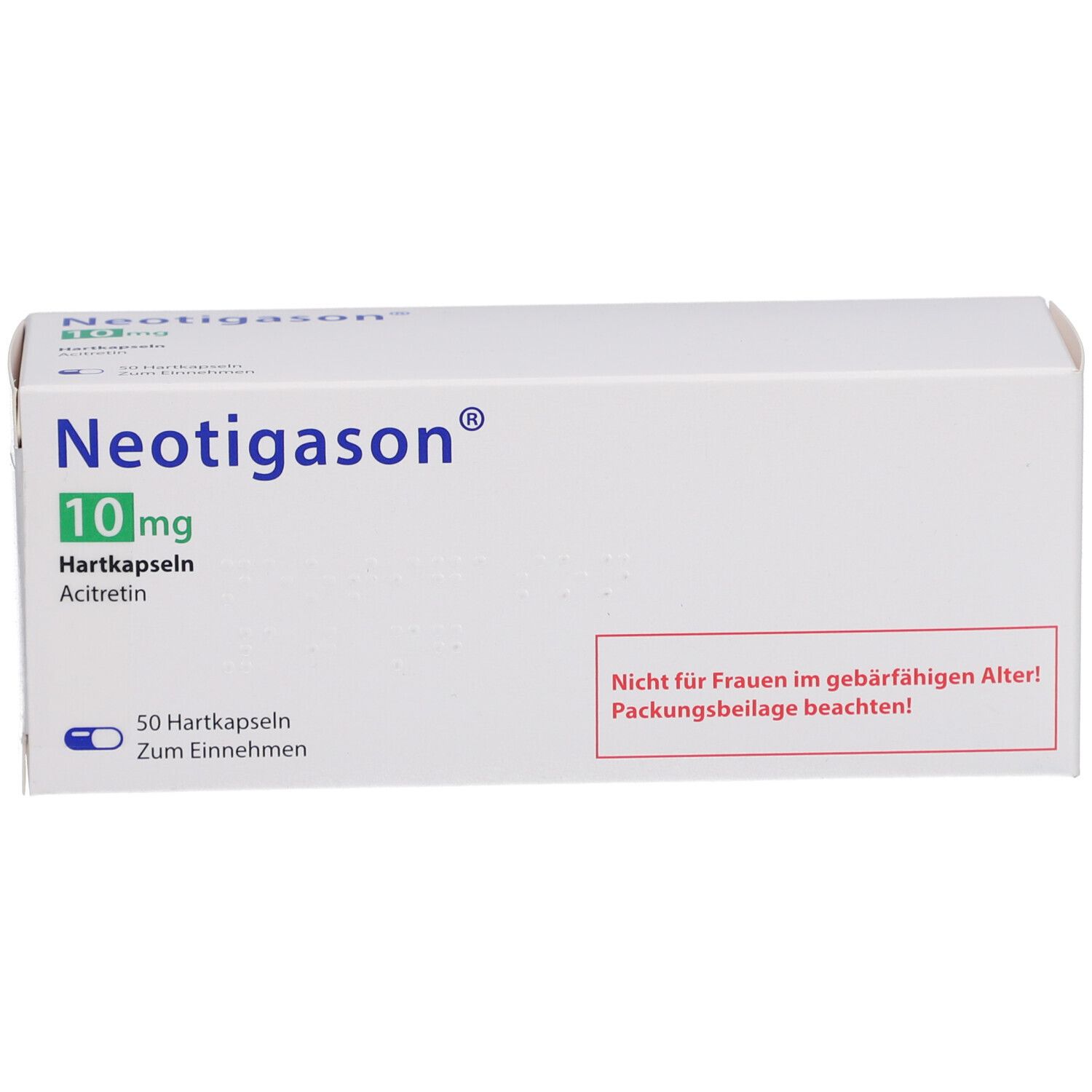 Weiße Schachtel mit Aufschrift Neotigason 10mg Hartkapseln. Enthält 50 Kapseln. Warnhinweis für Frauen im gebärfähigen Alter.