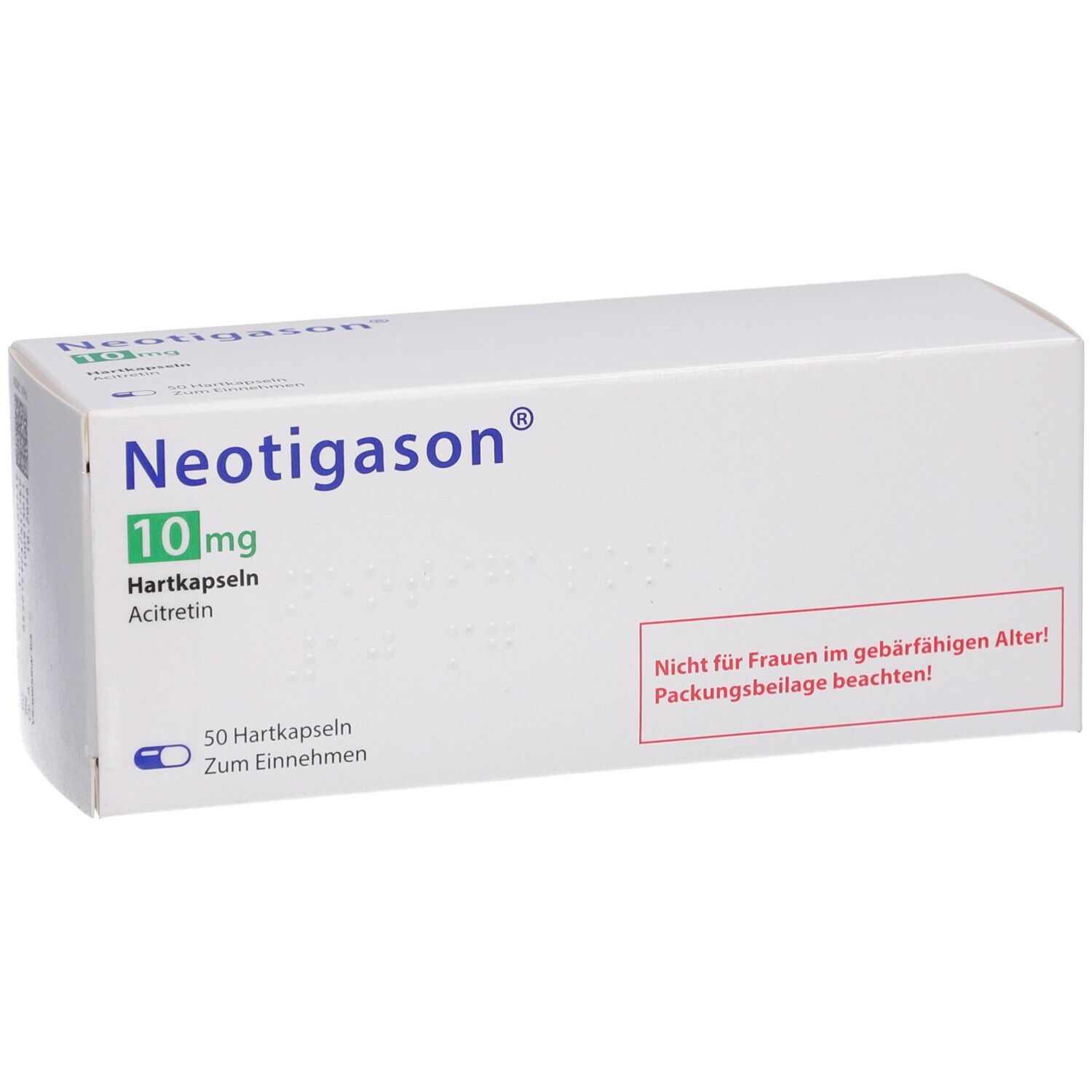 Weiße Schachtel mit Aufschrift Neotigason 10mg Hartkapseln. Warnhinweis für Frauen im gebärfähigen Alter. 50 Kapseln.