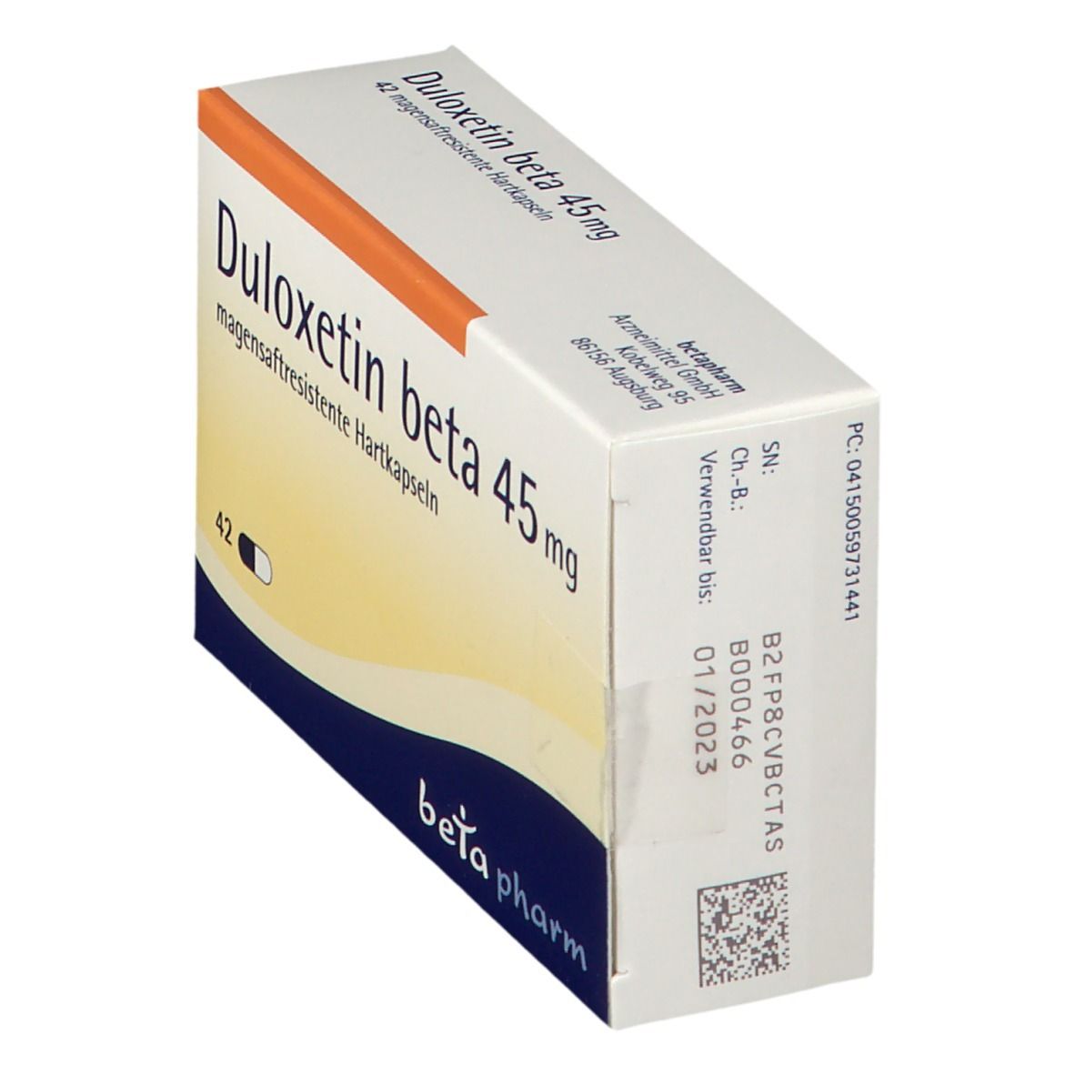 Packung Duloxetin beta 45 mg Hartkapseln, 42 Stück. Seitenansicht mit Chargennummer und Verfallsdatum.