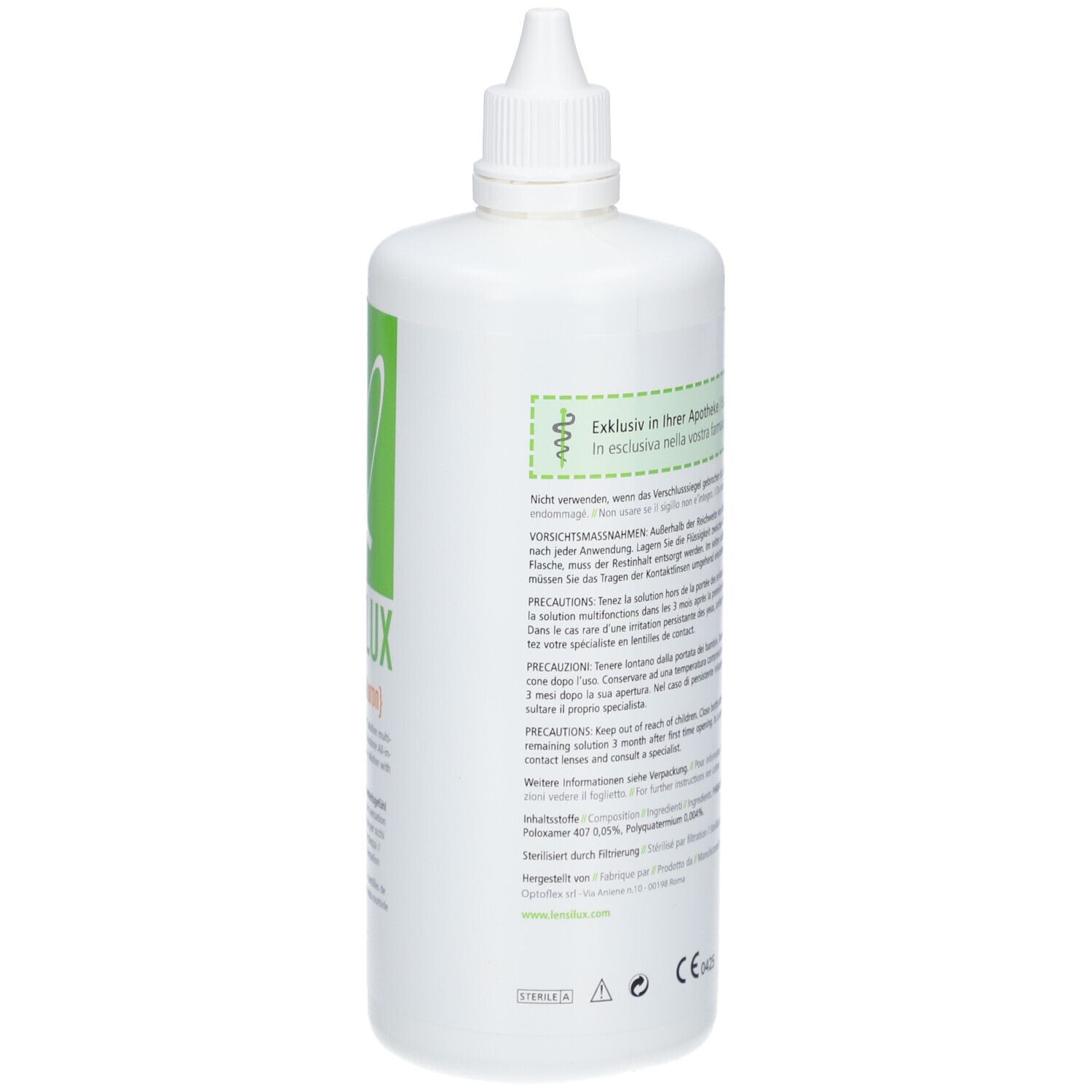 Weiße Flasche mit Schraubverschluss. Grüne Etiketten mit Text. Produktname nicht sichtbar. Text in Deutsch, Italienisch, Französisch und Niederländisch.