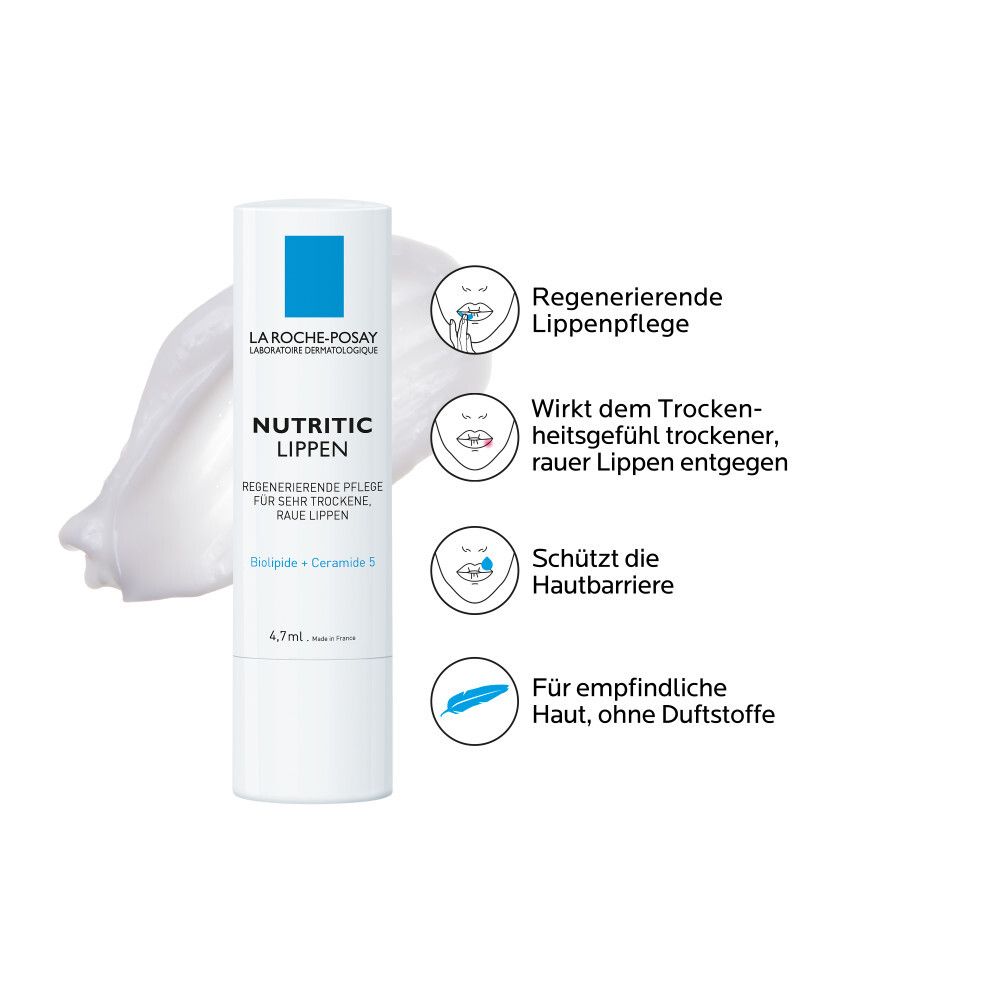 La Roche-Posay Nutritic Lippen-Pflege. Weißer Lippenbalsam-Stift. Text: regenerierende Pflege für trockene, raue Lippen.