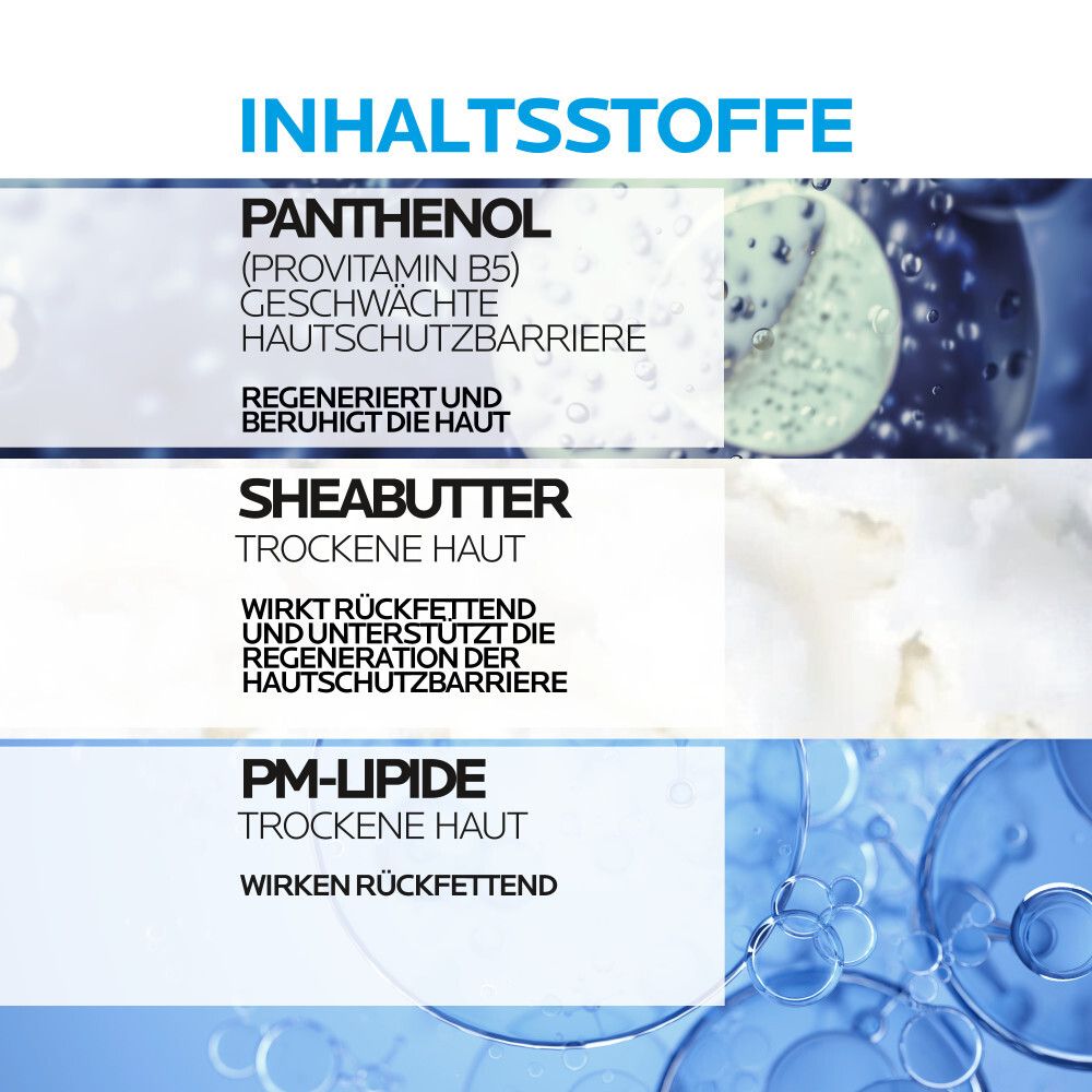 Inhaltsstoffe: Panthenol, Sheabutter, PM-Lipide. Text über Inhaltsstoffe, die trockene Haut beruhigen und regenerieren.