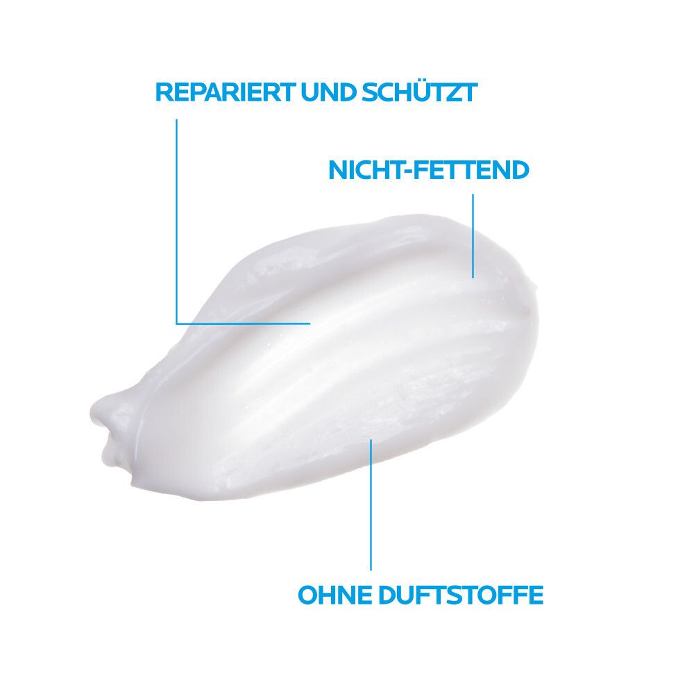 Weiße Creme-Textur. Text: repariert und schützt, nicht-fettend, ohne Duftstoffe.