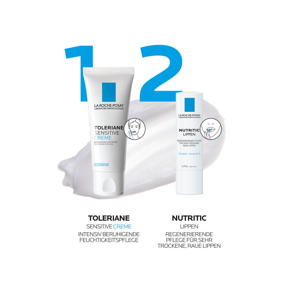 Vergleich: La Roche-Posay Toleriane Creme und Nutritic Lippen-Pflege. Beide Produkte sind sichtbar.