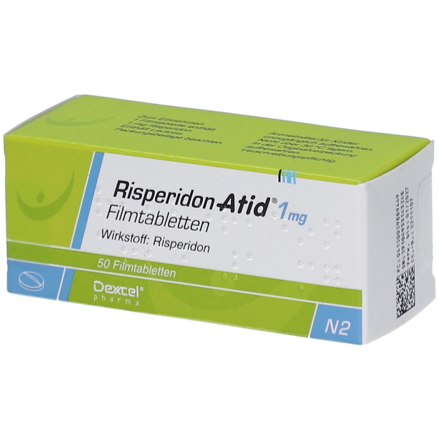 Schachtel Risperidon Atid 1 mg Filmtabletten. Grün-weiß. Text: 50 Filmtabletten, Wirkstoff Risperidon. Dexcel Pharma.