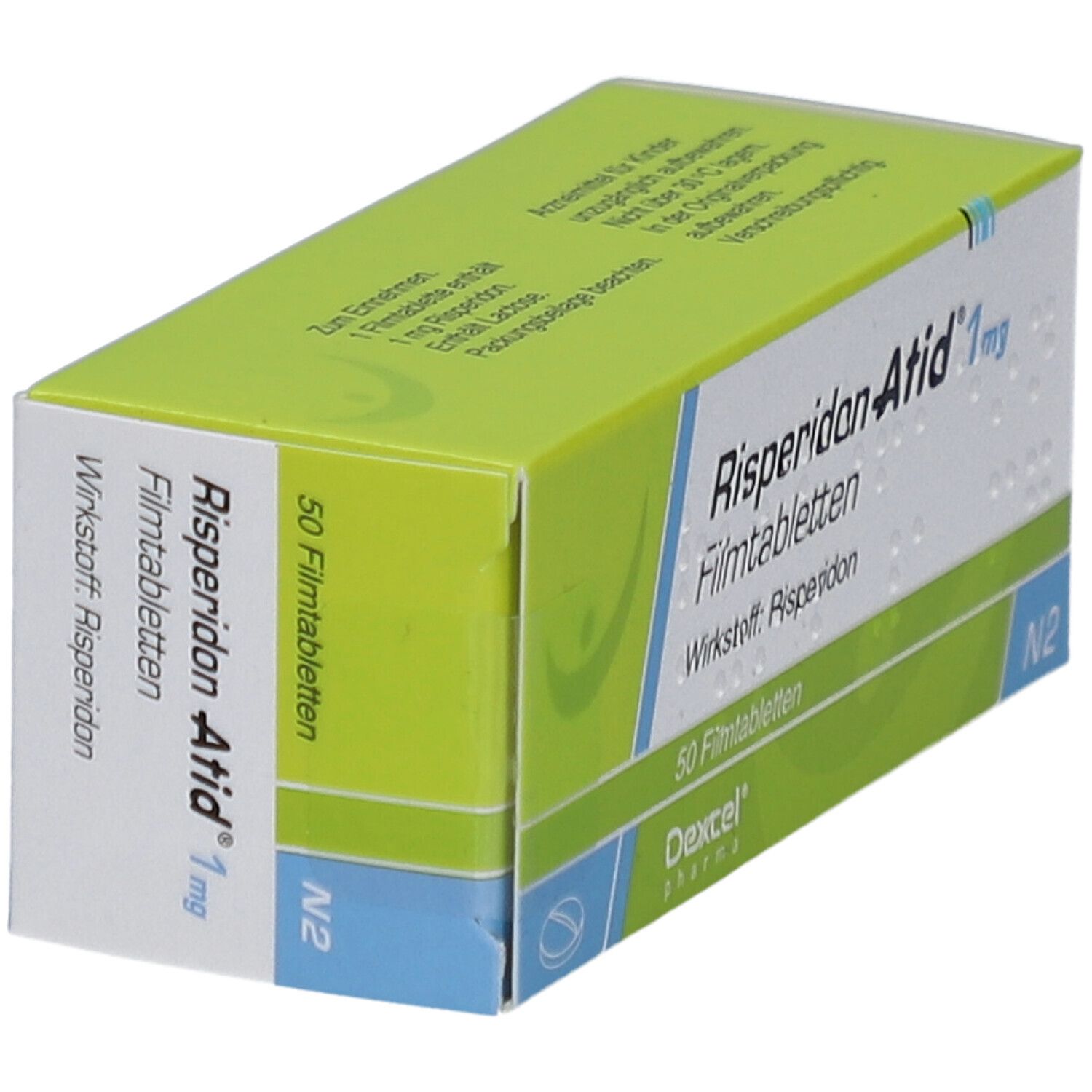 Schachtel Risperidon Atid 1 mg Filmtabletten. Grün-weiß. Text: 50 Filmtabletten, Wirkstoff Risperidon. Dexcel Pharma. Ansicht schräg.