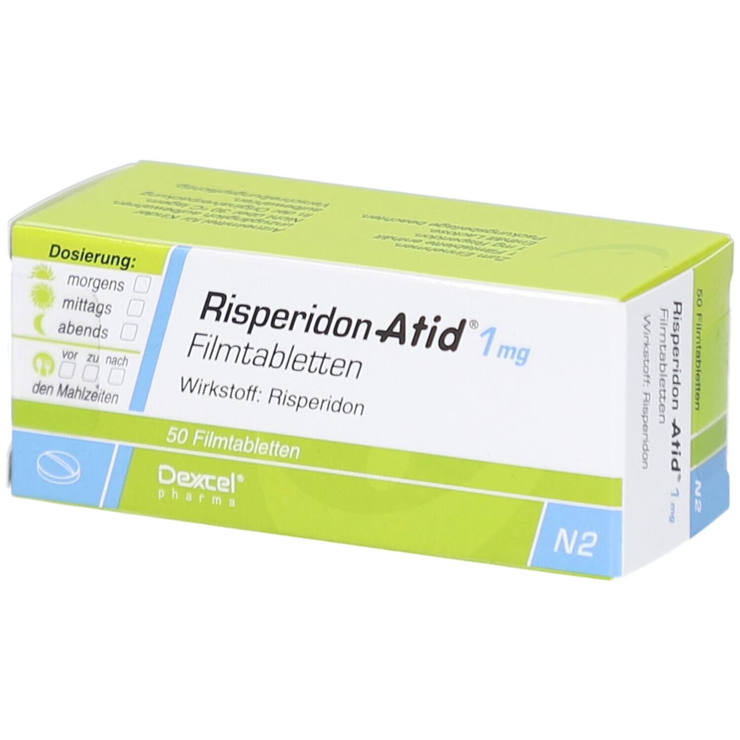 Schachtel Risperidon Atid 1 mg Filmtabletten. Grün-weiß. Text: 50 Filmtabletten, Wirkstoff Risperidon. Dexcel Pharma. Dosierungshinweise.
