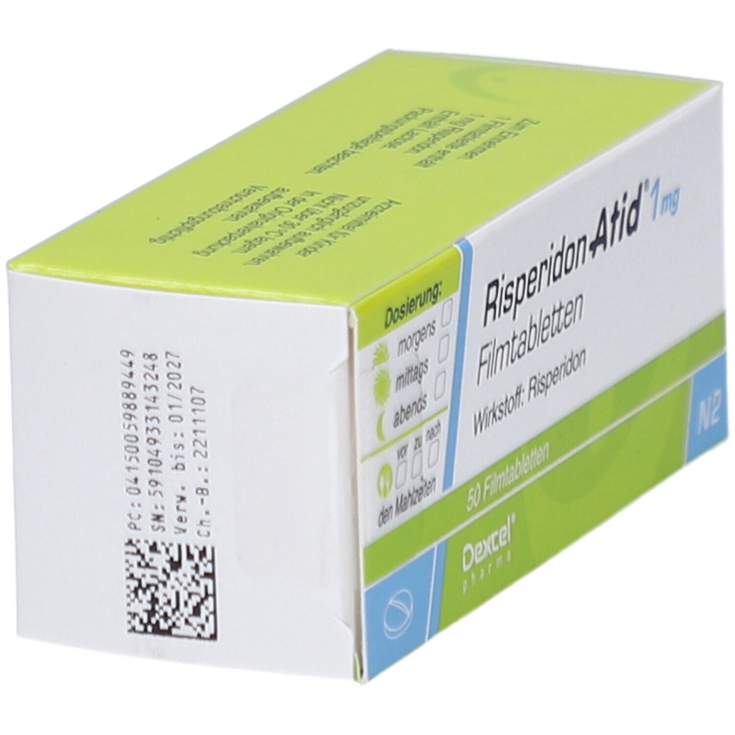 Schachtel Risperidon Atid 1 mg Filmtabletten. Grün-weiß. Text: 50 Filmtabletten, Wirkstoff Risperidon. Dexcel Pharma. QR-Code und Chargennummer.