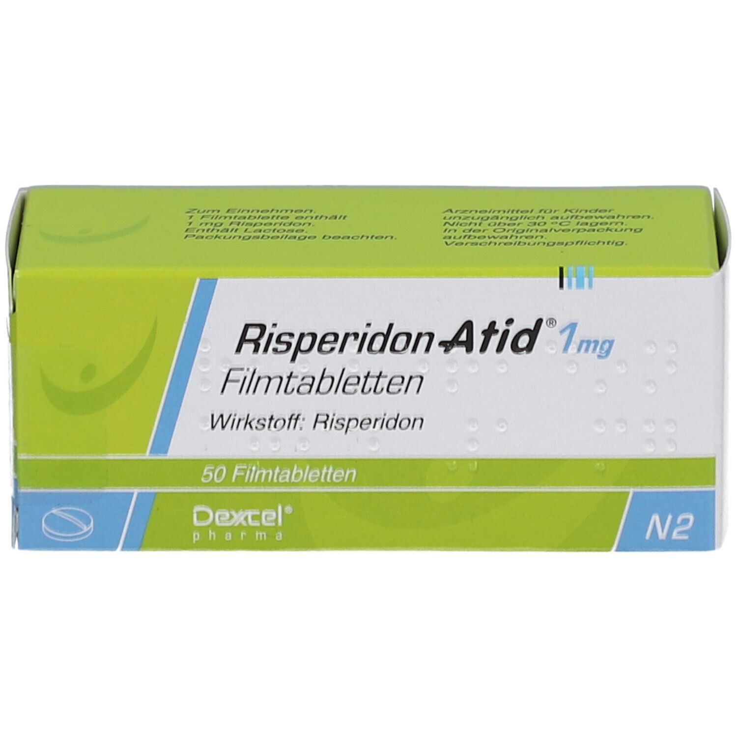 Schachtel Risperidon Atid 1 mg Filmtabletten. Grün-weiß. Text: 50 Filmtabletten, Wirkstoff Risperidon. Dexcel Pharma. Ansicht schräg.