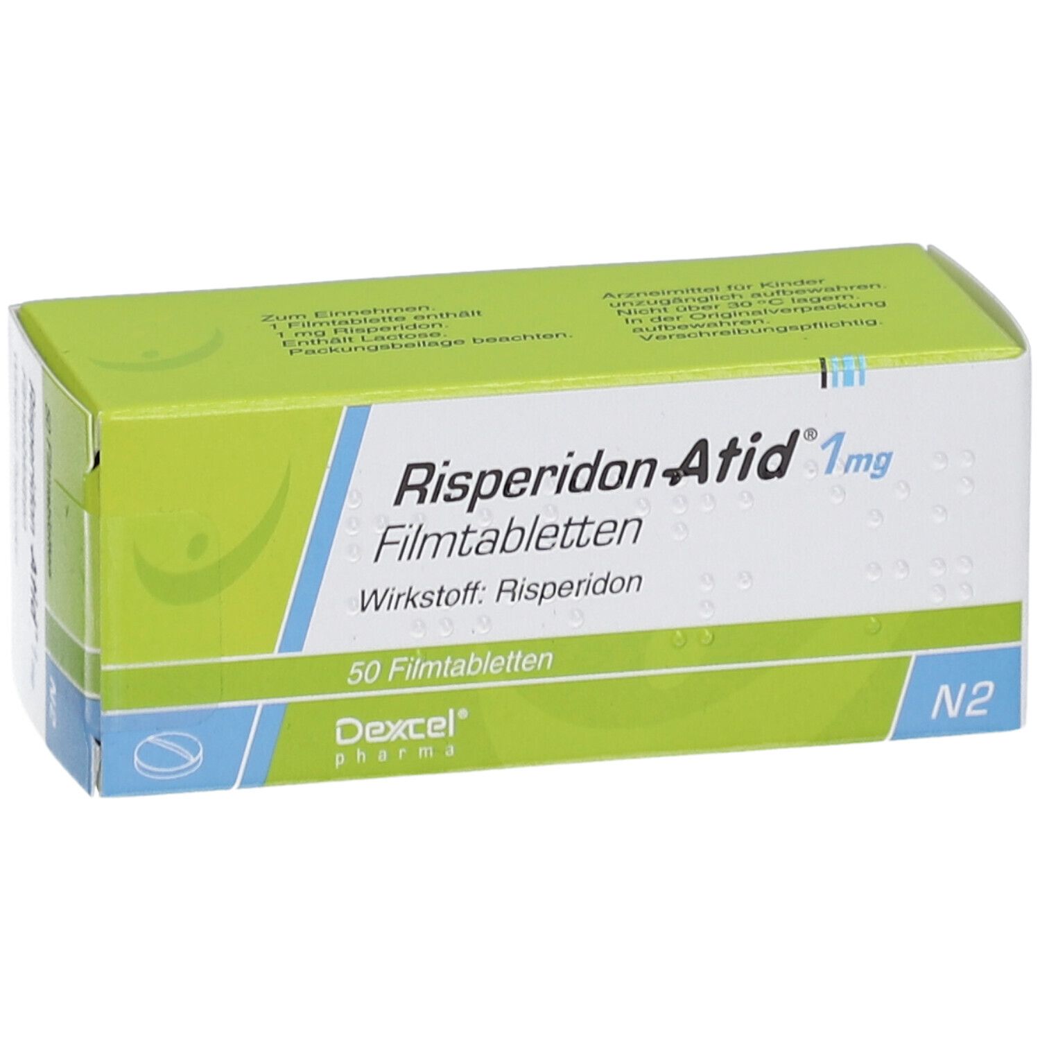 Schachtel Risperidon Atid 1 mg Filmtabletten. Grün-weiß. Text: 50 Filmtabletten, Wirkstoff Risperidon. Dexcel Pharma.