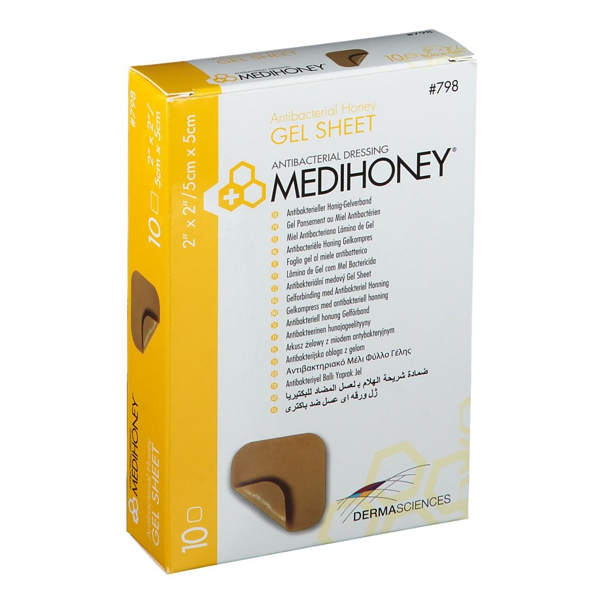 MEDIHONEY Gelverband-Packung. Antibakterieller Honig Gelverband. 10 Stück. 5 x 5 cm. Gelverband-Ausschnitt sichtbar.