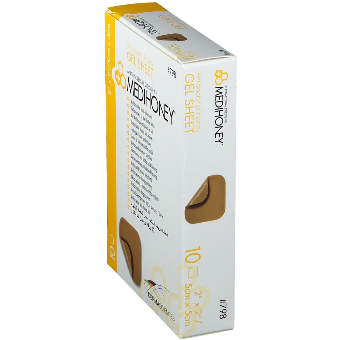 MEDIHONEY Gelverband-Packung. Antibakterieller Honig Gelverband. 10 Stück. 5 x 5 cm. Gelverband-Ausschnitt sichtbar.