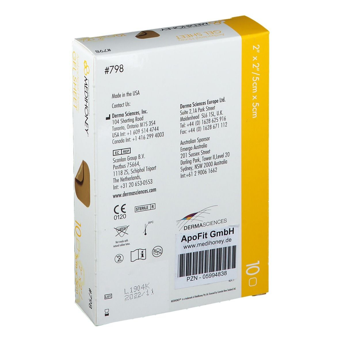 MEDIHONEY Gelverband-Packung. Antibakterieller Honig Gelverband. 10 Stück. 5 x 5 cm. Rückseite mit Herstellerinformationen.
