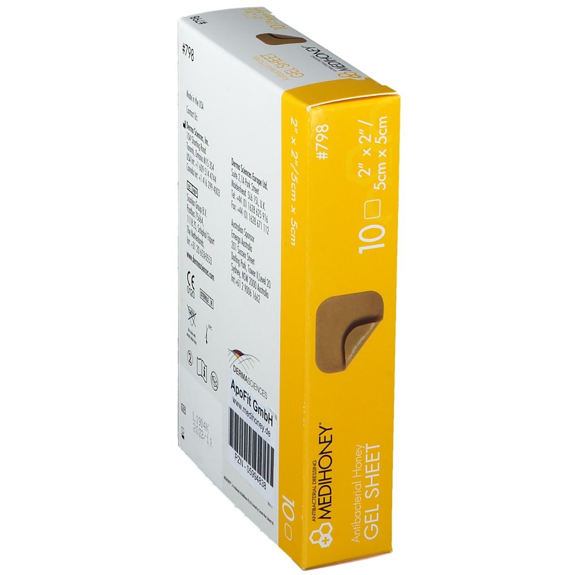 MEDIHONEY Gelverband-Packung. Antibakterieller Honig Gelverband. 10 Stück. 5 x 5 cm. Rückseite mit Herstellerinformationen.