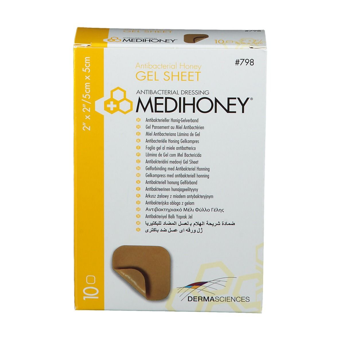 MEDIHONEY Gelverband-Packung. Antibakterieller Honig Gelverband. 10 Stück. 5 x 5 cm. Gelverband-Ausschnitt sichtbar.