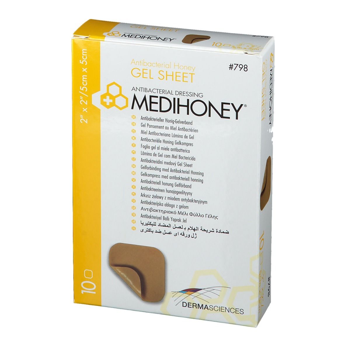 MEDIHONEY Gelverband-Packung. Antibakterieller Honig Gelverband. 10 Stück. 5 x 5 cm. Gelverband-Ausschnitt sichtbar.