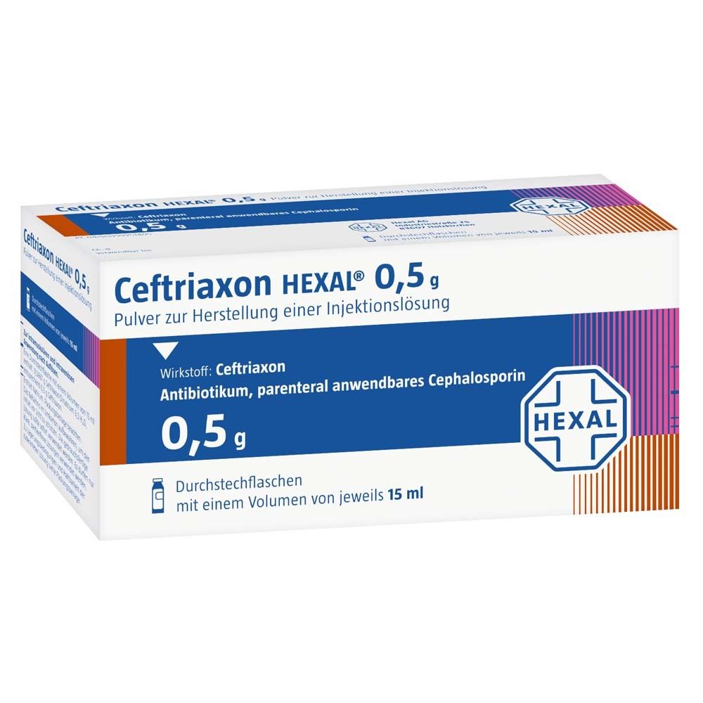 Ceftriaxon HEXAL 0,5 g, Pulver zur Herstellung einer Injektionslösung. Verpackung mit Logo und Produktinformationen.