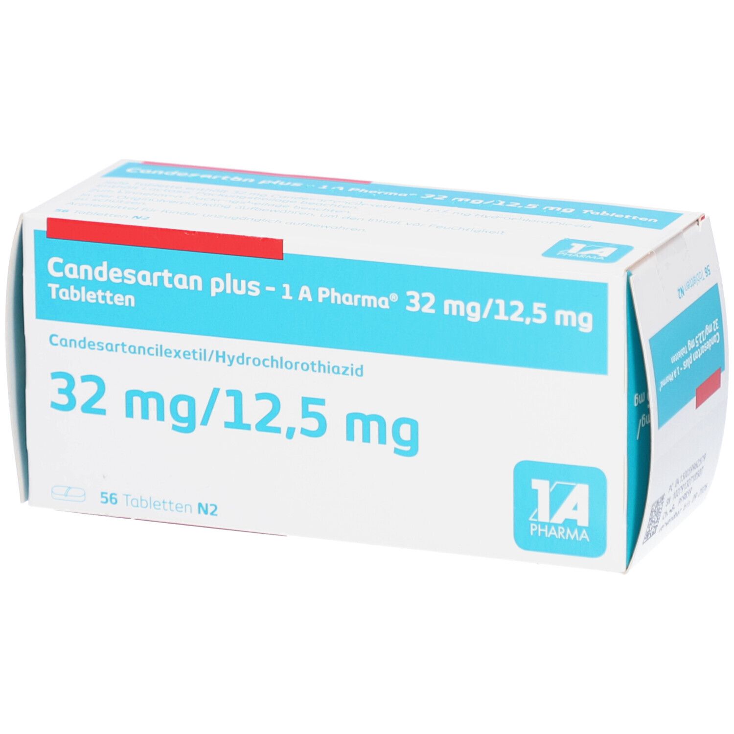 Candesartan plus - 1 A Pharma 32 mg/12,5 mg Tabletten. Weiße Schachtel mit blauen und roten Akzenten. Text.